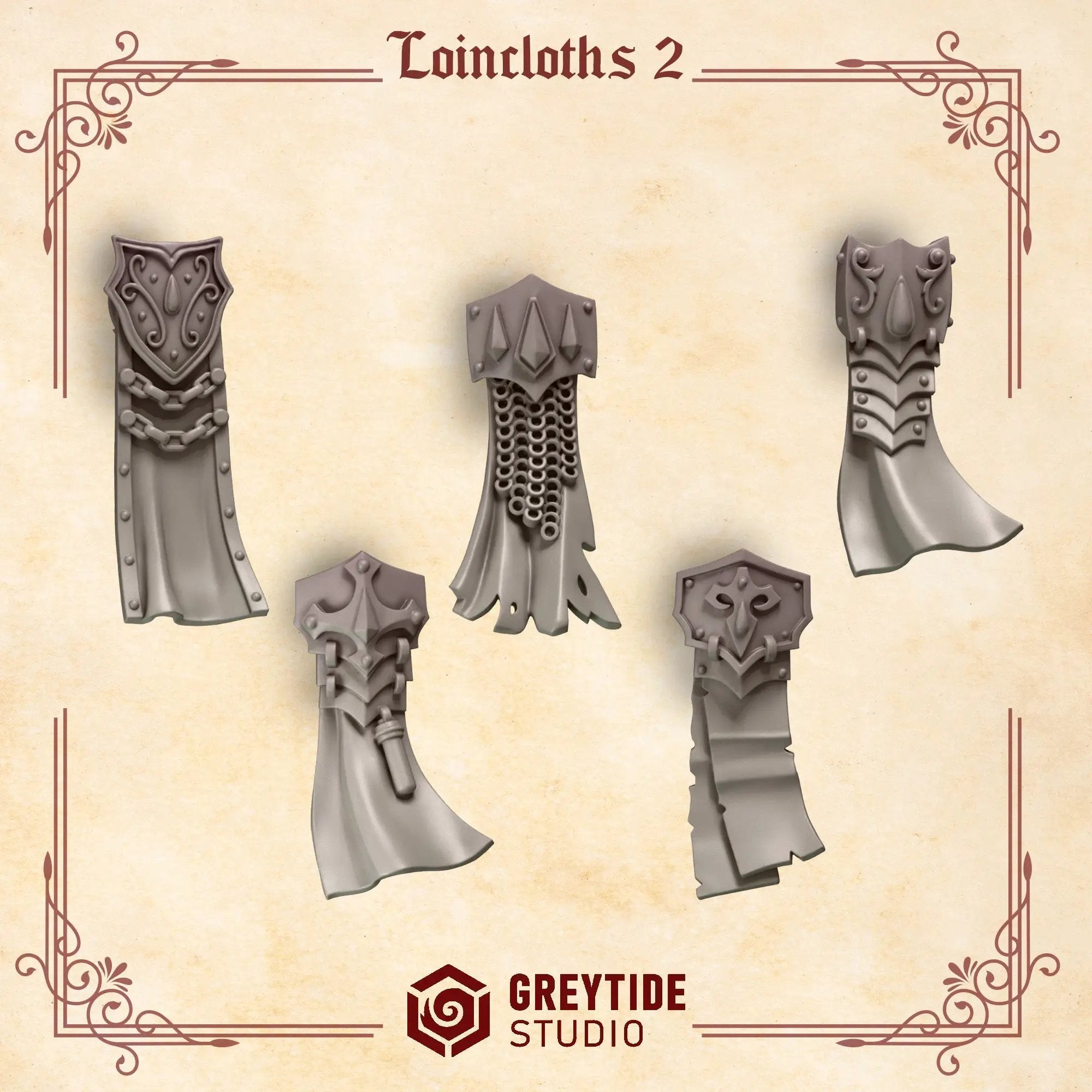 Set of 10 3D printed Crimson Lords loincloths by Greytide Studio for Last Hope Miniatures, shown in detail.
