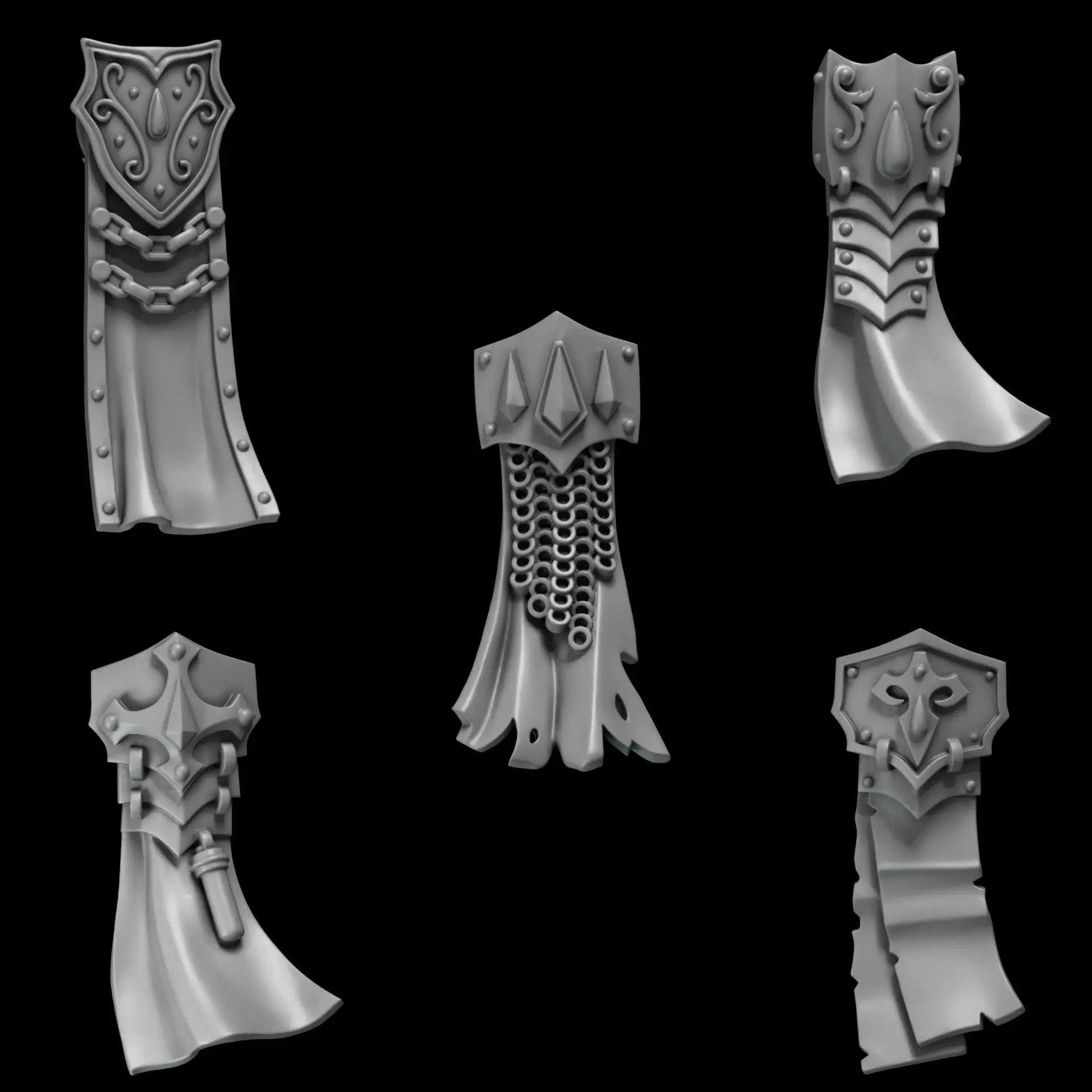Set of 10 3D printed Crimson Lords loincloths by Greytide Studio for Last Hope Miniatures, detailed fantasy miniature accessories.