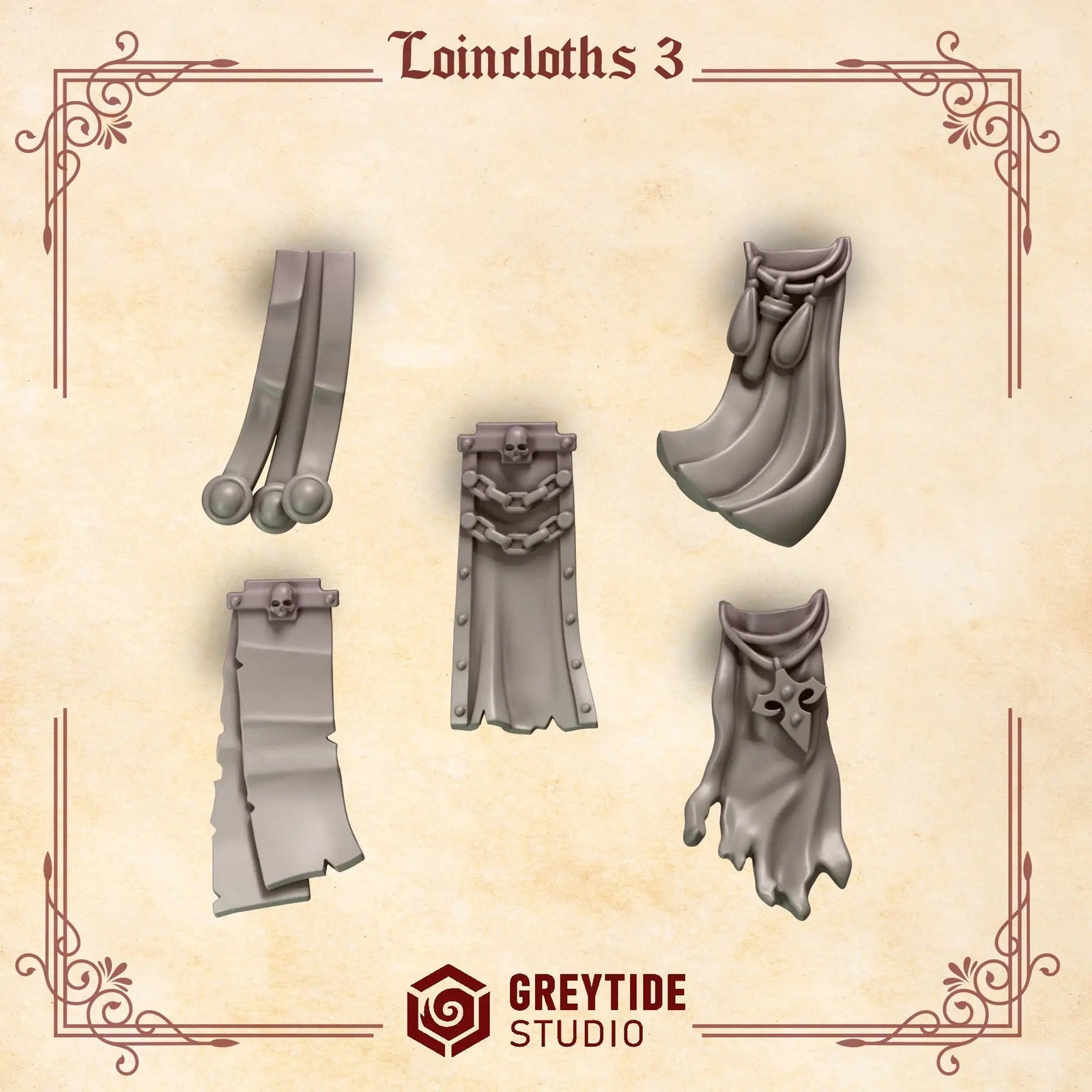 3D printed Crimson Lords loincloths set by Last Hope Miniatures for Greytide Studio, featuring detailed fantasy armor accessories.
