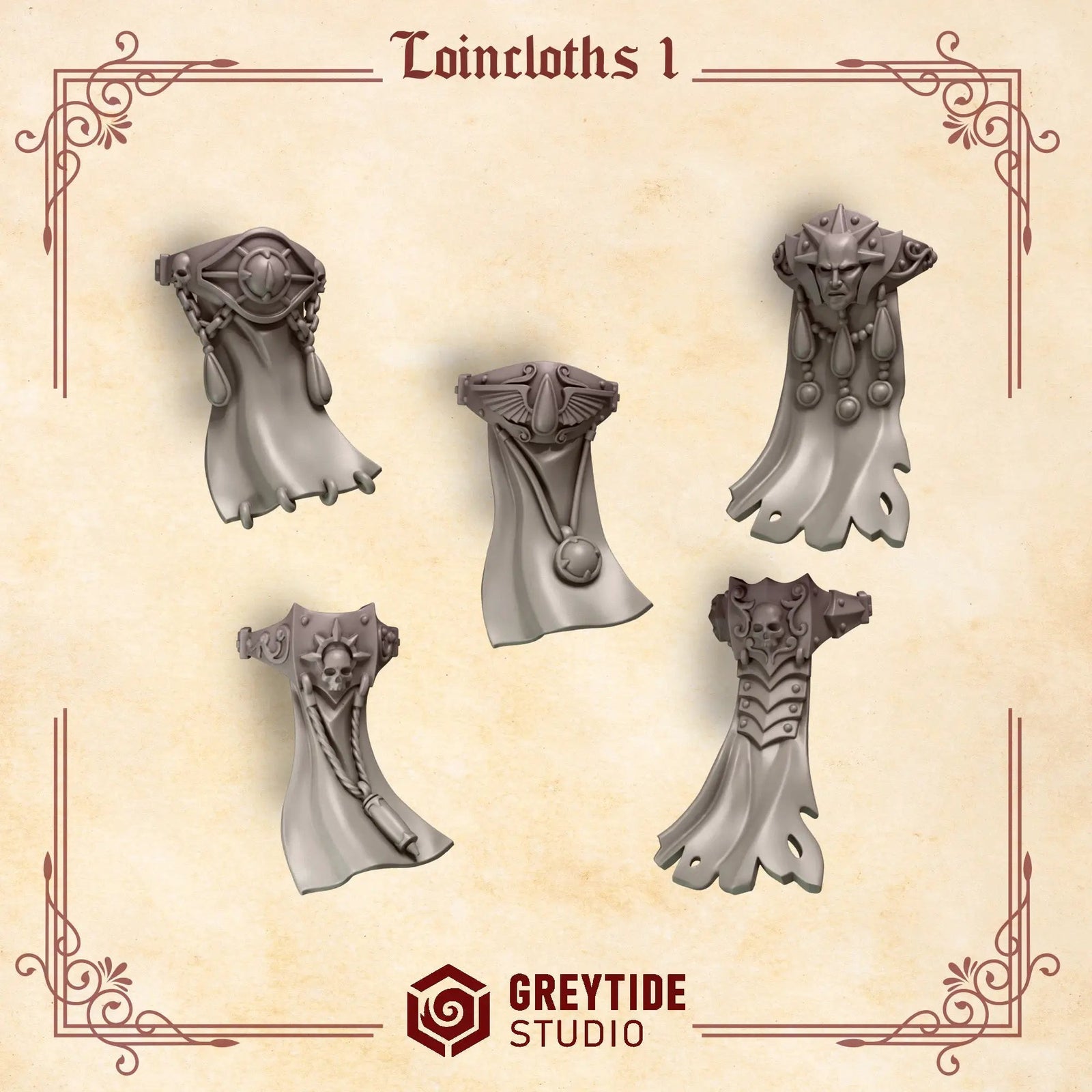 Ten 3D printed crimson Lords loincloths for miniatures by Last Hope Miniatures, designed for Greytide Studio tabletop figures.