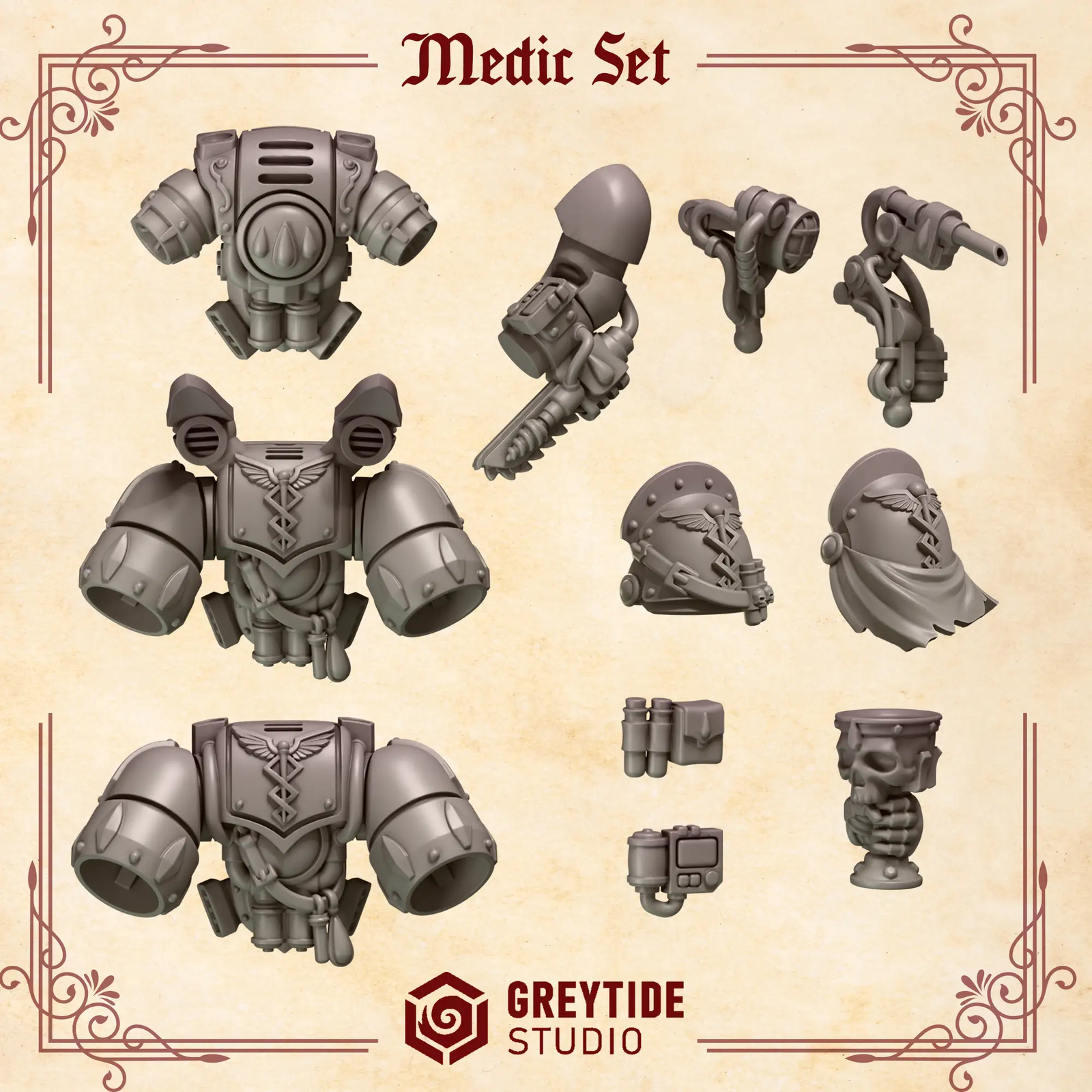 3D printed Crimson Lords Medic Upgrade Kit by Last Hope Miniatures, featuring detailed medic accessories for tabletop gaming.