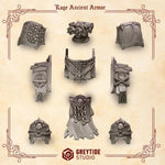 3D printed Crimson Lords Rage ancient armor upgrade kit by Last Hope Miniatures for Greytide Studio, featuring detailed armor pieces.
