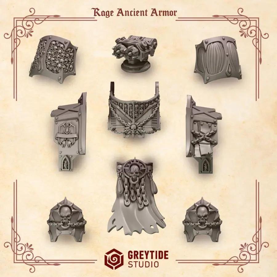 3D printed Crimson Lords Rage ancient armor upgrade kit by Last Hope Miniatures for Greytide Studio, featuring detailed armor pieces.
