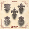 Set of five 3D printed Crimson Lords shields by Last Hope Miniatures, featuring detailed red and black gothic armor designs.