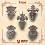 Set of five 3D printed Crimson Lords shields by Last Hope Miniatures, featuring detailed red and black gothic armor designs.