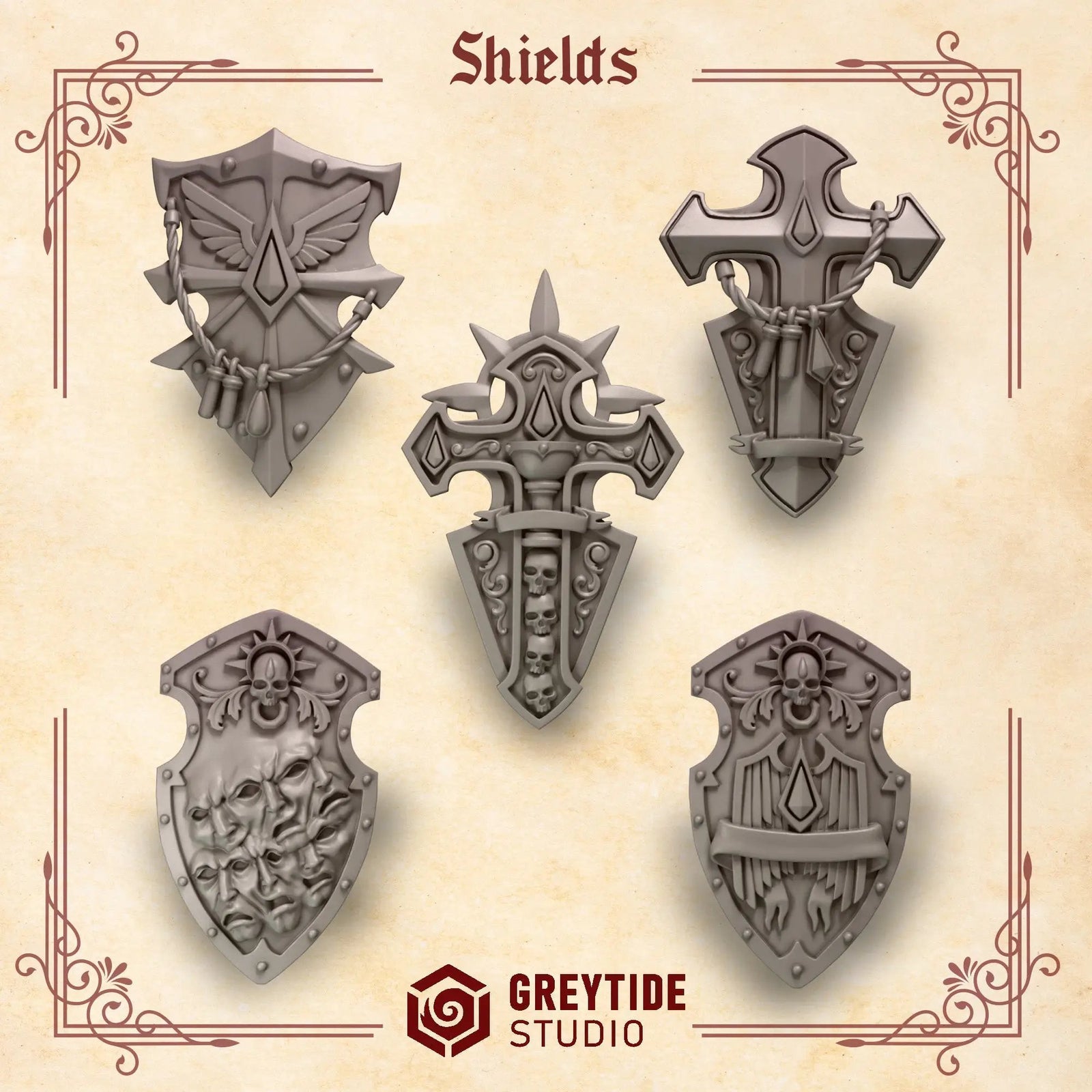Set of five 3D printed Crimson Lords shields by Last Hope Miniatures, featuring detailed red and black gothic armor designs.