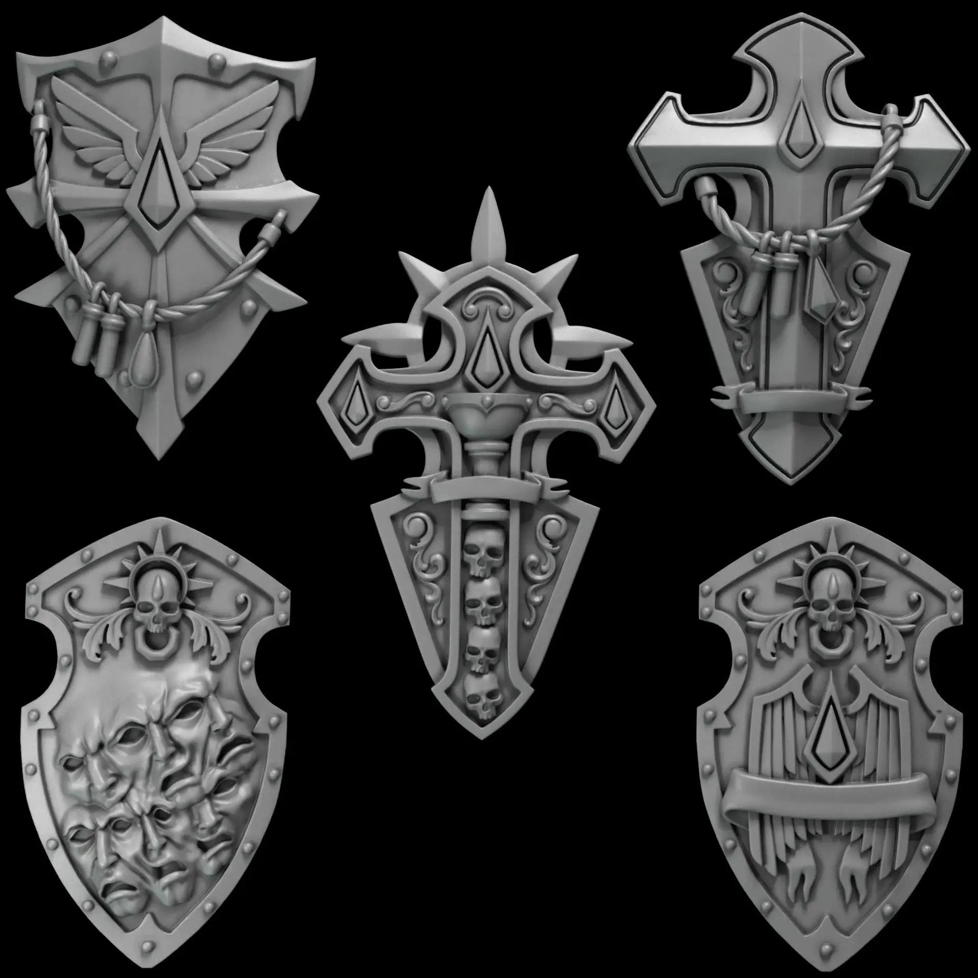 Five 3D printed crimson Lords shields by Last Hope Miniatures, modeled with detailed designs for tabletop gaming.