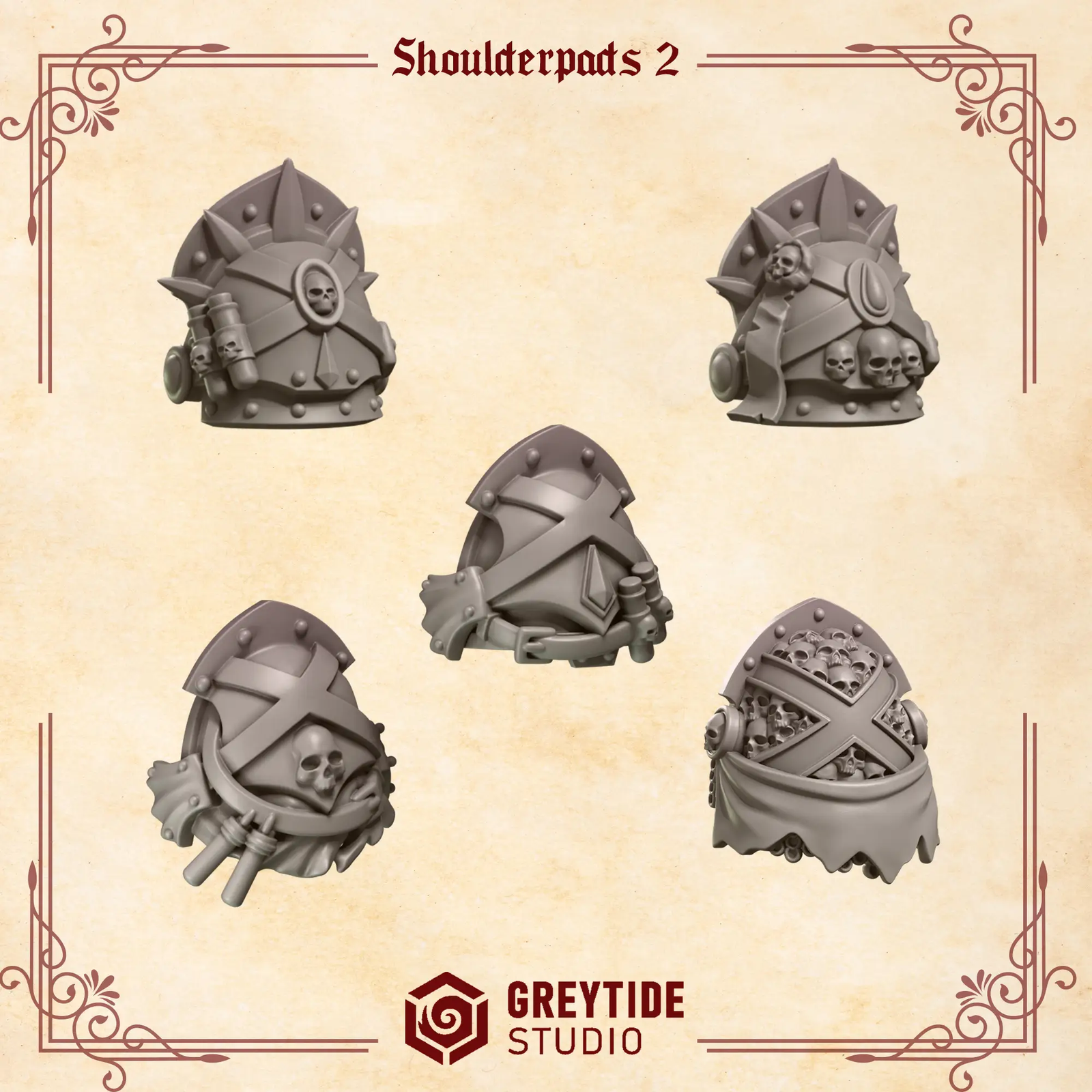 Set of 10 3D printed Crimson Lords shoulder pads by Last Hope Miniatures for tabletop gaming, detailed red armor accessories.