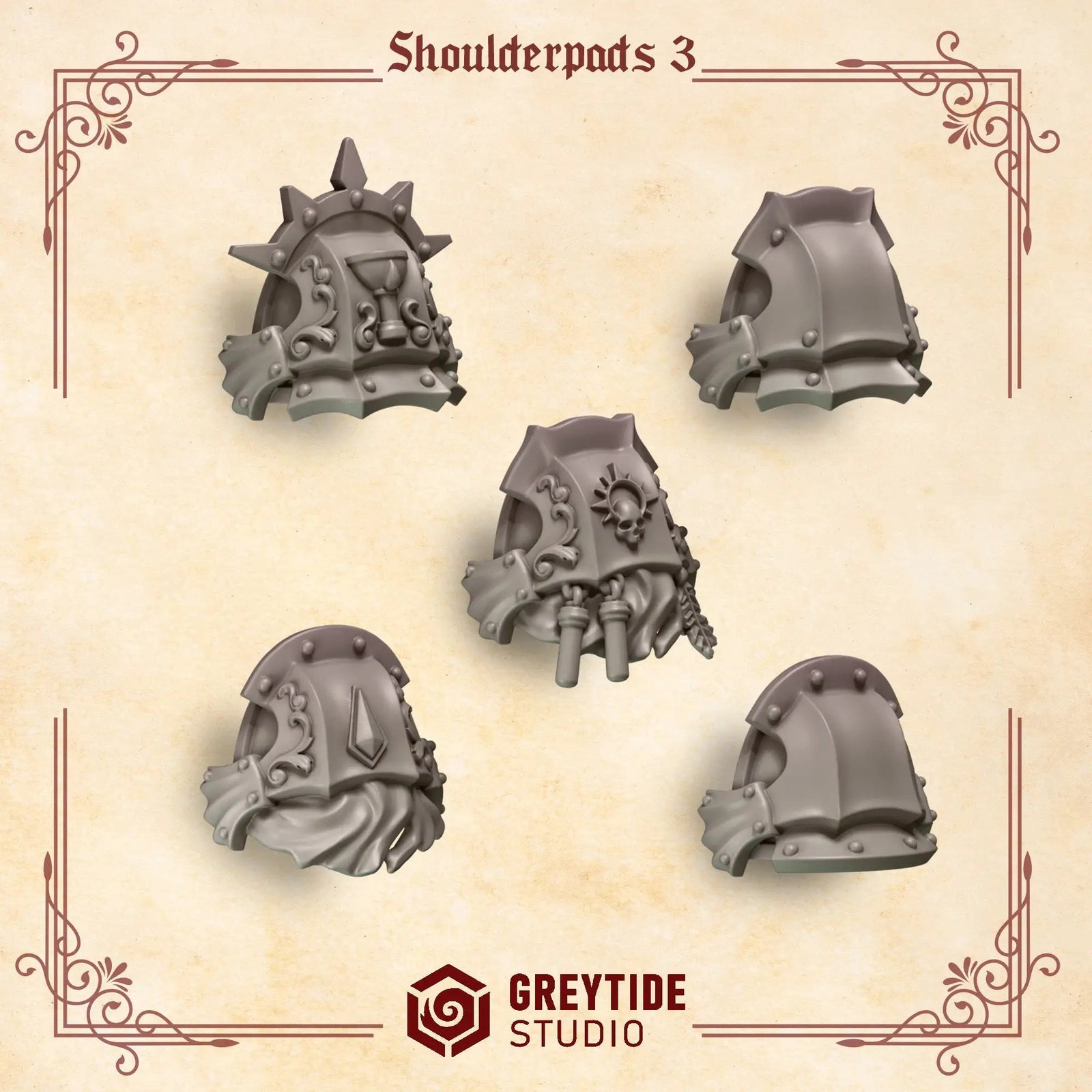 3D printed crimson lord shoulderpads by Greytide Studio, designed for miniature tabletop gaming, shown in the image.