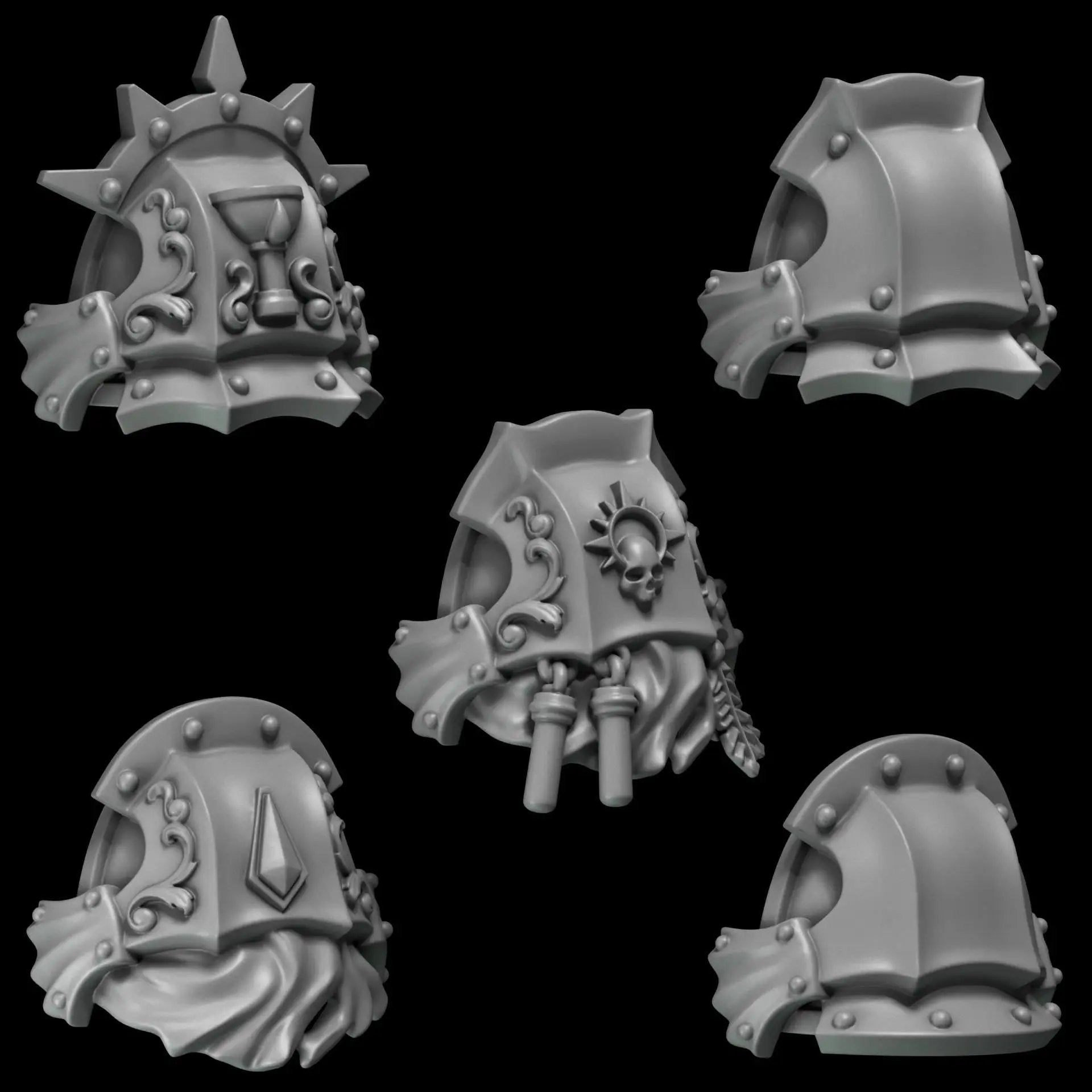 Set of 10 crimson Lords Shoulderpads 3D printed by Greytide Studio, featuring detailed fantasy armor accessories for miniatures.