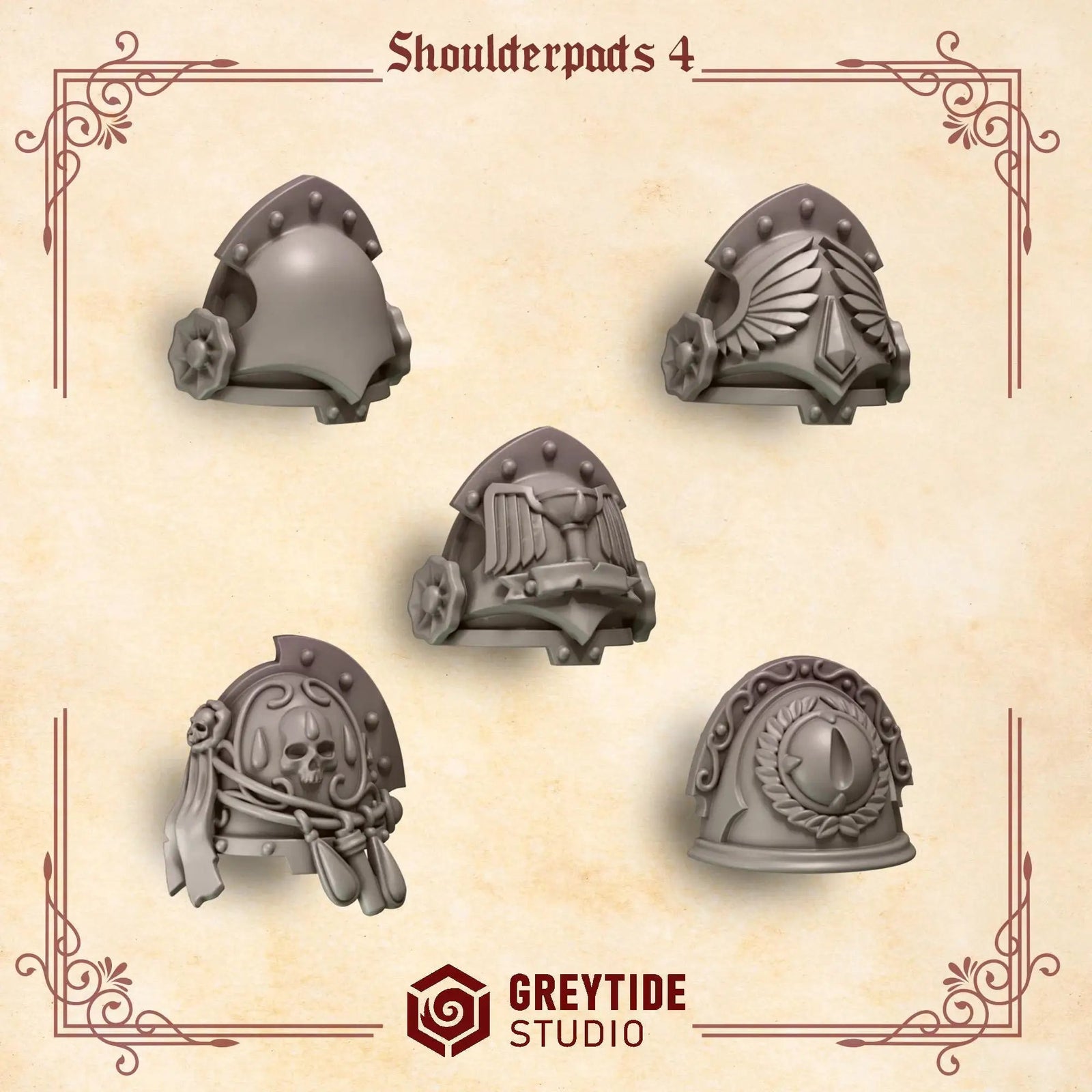 Set of 10 3D printed Crimson Lords shoulder pads by Last Hope Miniatures for tabletop gaming and miniature models.