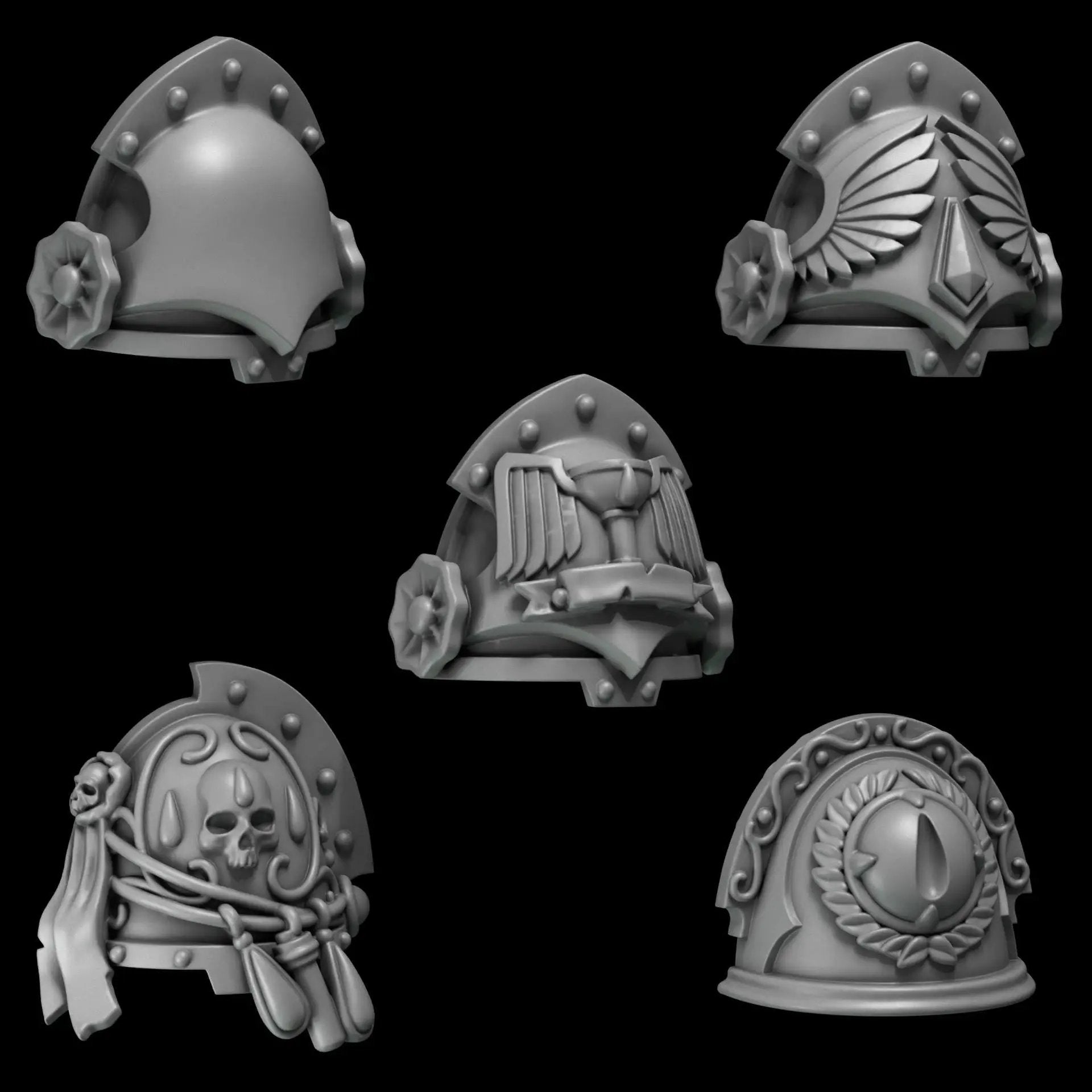 Set of 10 crimson 3D printed Lords Shoulderpads by Last Hope Miniatures for Greytide Studio, showing detailed warrior armor accessories.