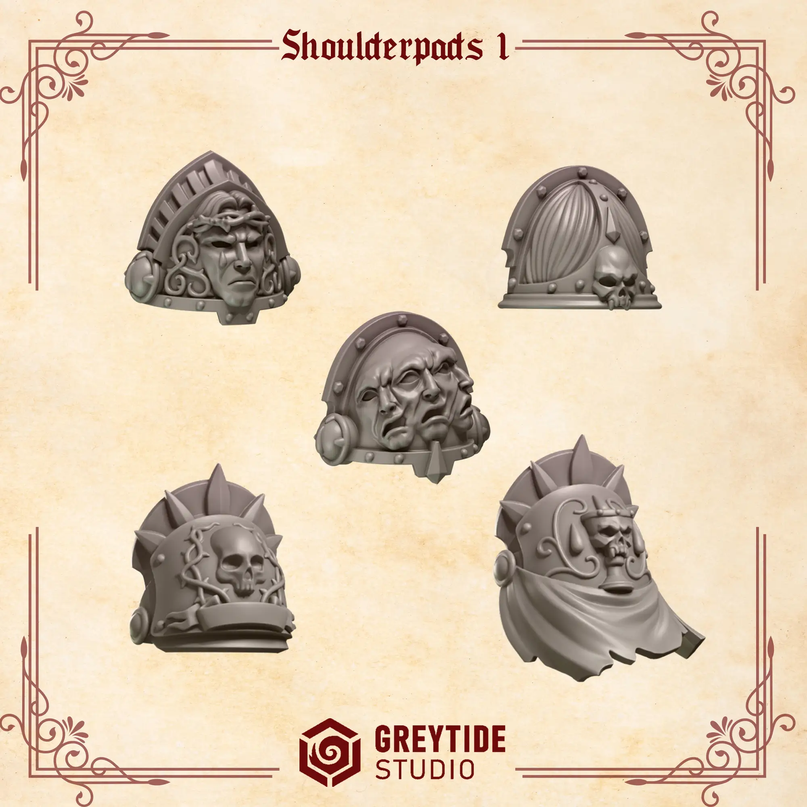 3D printed crimson lords shoulder pads by Greytide Studio for Last Hope Miniatures, showing detailed red armor pieces on a white background.