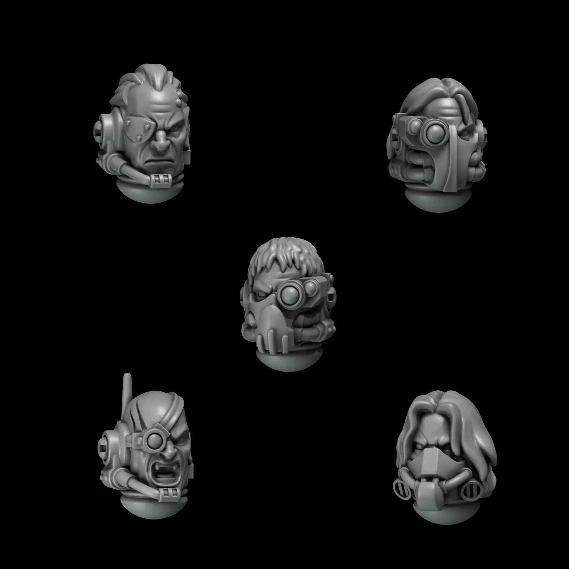 3D printed Crimson Lords Tactical Heads by Greytide Studio for Last Hope Miniatures, set of 10 showing detailed miniature heads.