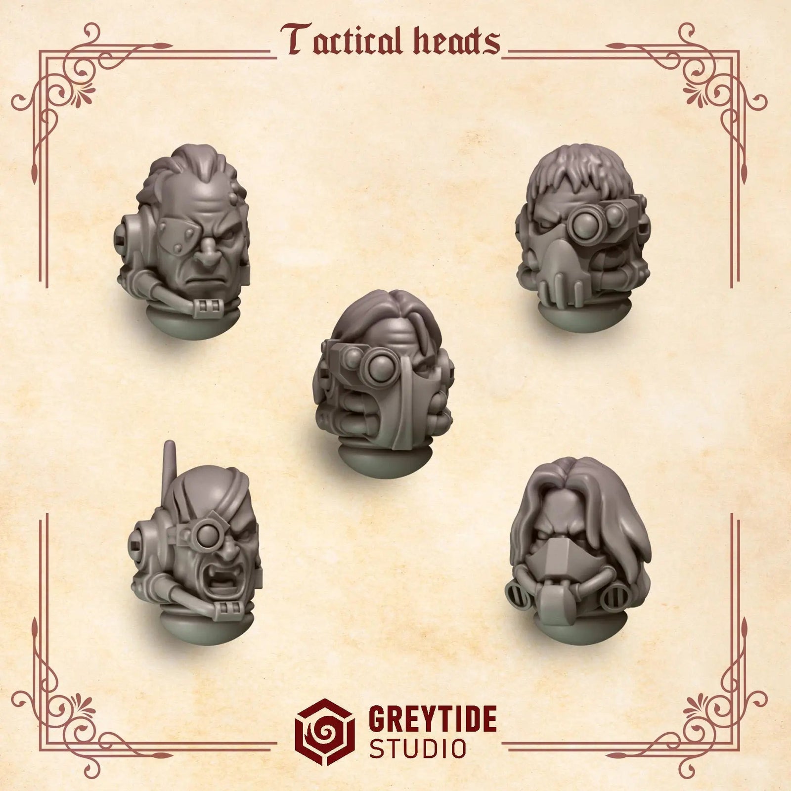 Set of 10 3D printed Crimson Lords tactical heads by Last Hope Miniatures, featuring detailed sci-fi helmet designs.