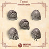 3D printed crimson Lords tactical shoulder pads by Greytide Studio for Last Hope Miniatures, shown in detailed red design.