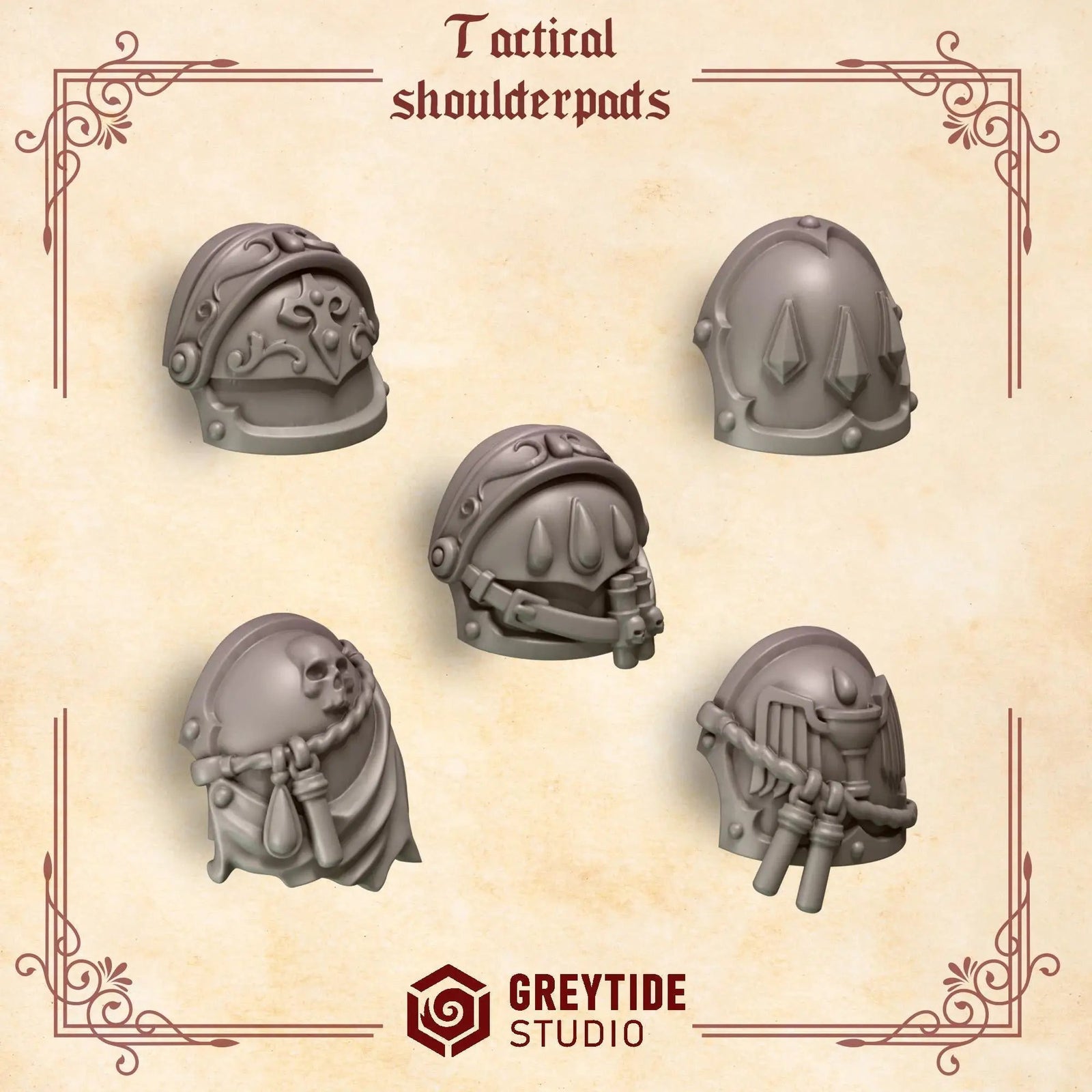3D printed crimson Lords tactical shoulder pads by Greytide Studio for Last Hope Miniatures, shown in detailed red design.
