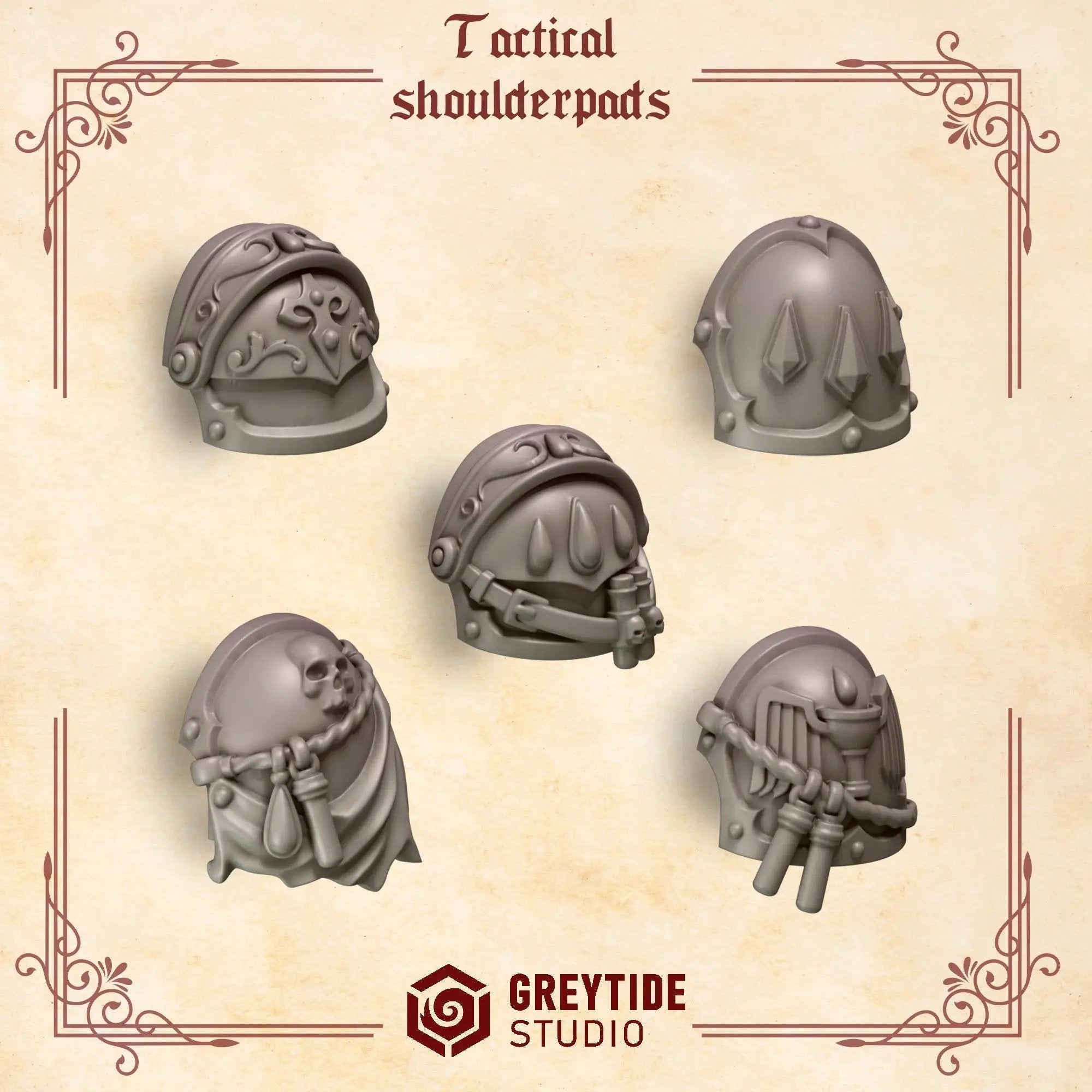 3D printed crimson Lords tactical shoulder pads by Greytide Studio for Last Hope Miniatures, shown in detailed red design.