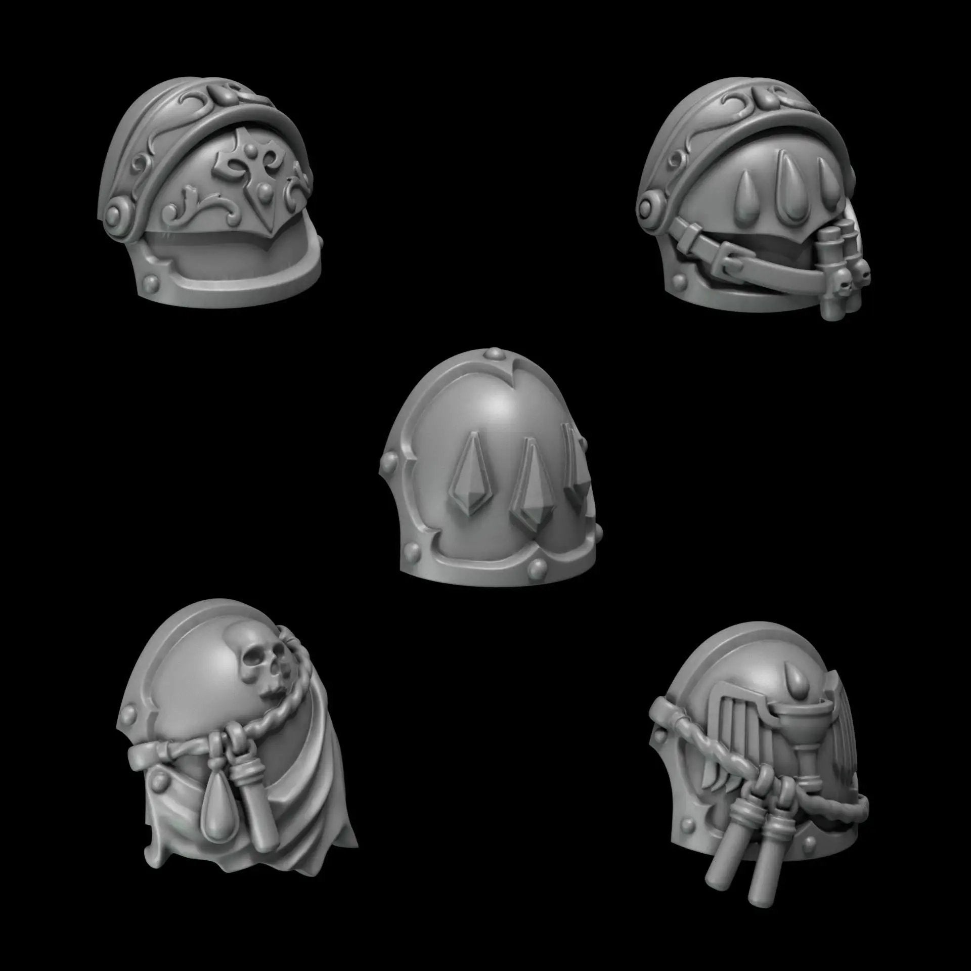 3D printed Crimson Lords tactical shoulder pads by Greytide Studio, detailed red armor with intricate design for miniatures.