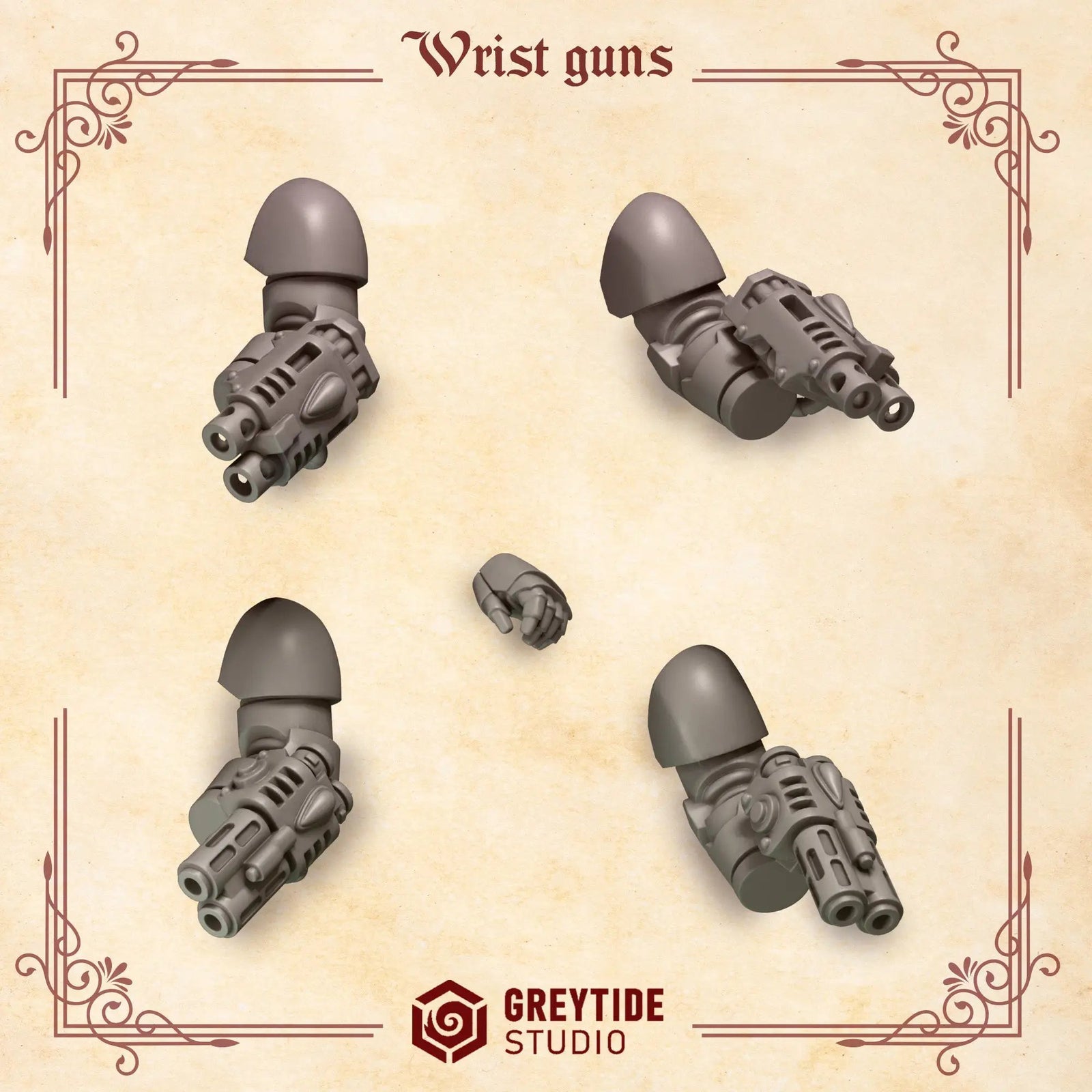 3D printed Crimson Lords wristguns by Last Hope Miniatures, detailed sci-fi miniature weaponry from Greytide Studio.