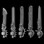 10 3D-printed crimson wings chainswords by Last Hope Miniatures for Greytide Studio, detailed miniature weapon models.