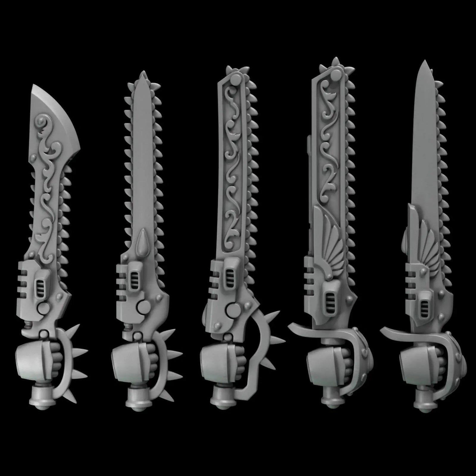 10 3D-printed crimson wings chainswords by Last Hope Miniatures for Greytide Studio, detailed miniature weapon models.