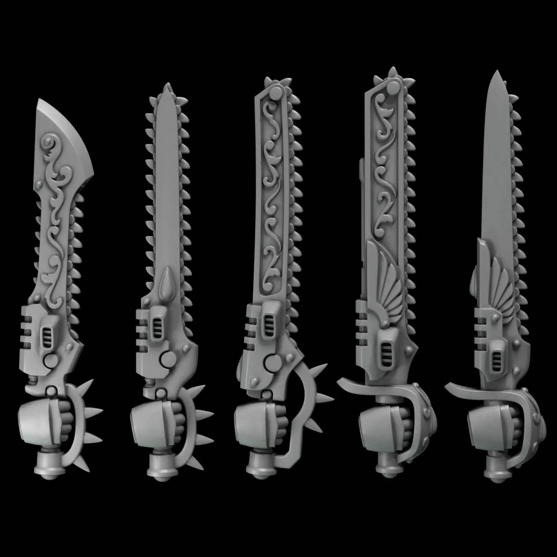 10 3D-printed crimson wings chainswords by Last Hope Miniatures for Greytide Studio, detailed miniature weapon models.