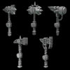 Set of 10 3D printed Crimson Wings Hammers by Last Hope Miniatures for tabletop gaming, detailed miniature weapons on a white background.