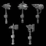 Set of 10 3D printed Crimson Wings Hammers by Last Hope Miniatures for tabletop gaming, detailed miniature weapons on a white background.