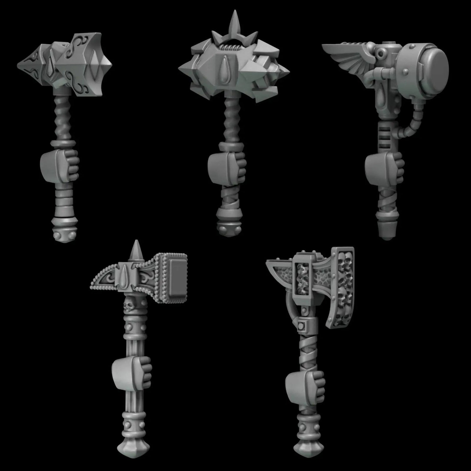 Set of 10 3D printed Crimson Wings Hammers by Last Hope Miniatures for tabletop gaming, detailed miniature weapons on a white background.