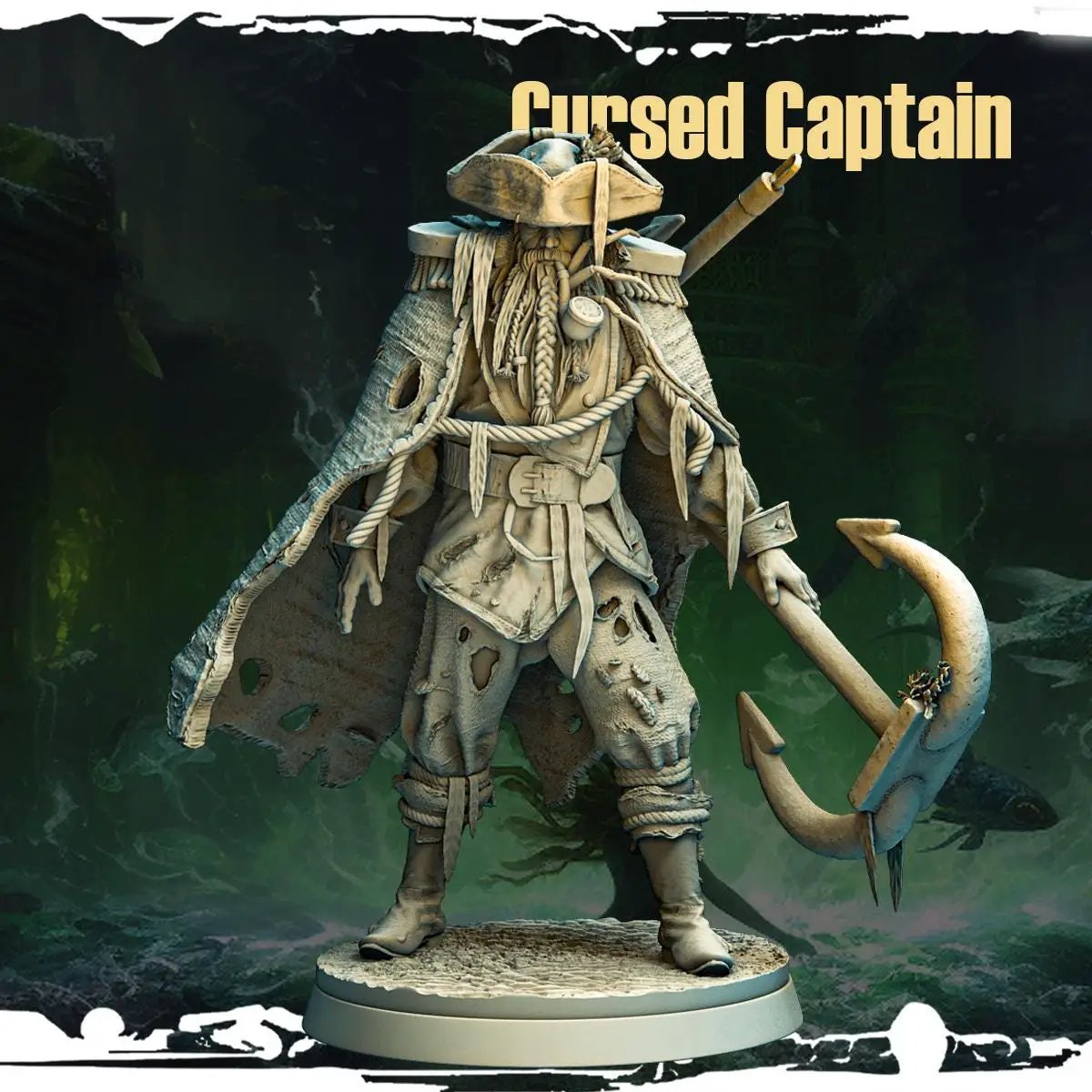 3D printed Cursed Captain miniature by Last Hope Miniatures, featuring detailed armor and menacing expression from Monolith Arts.