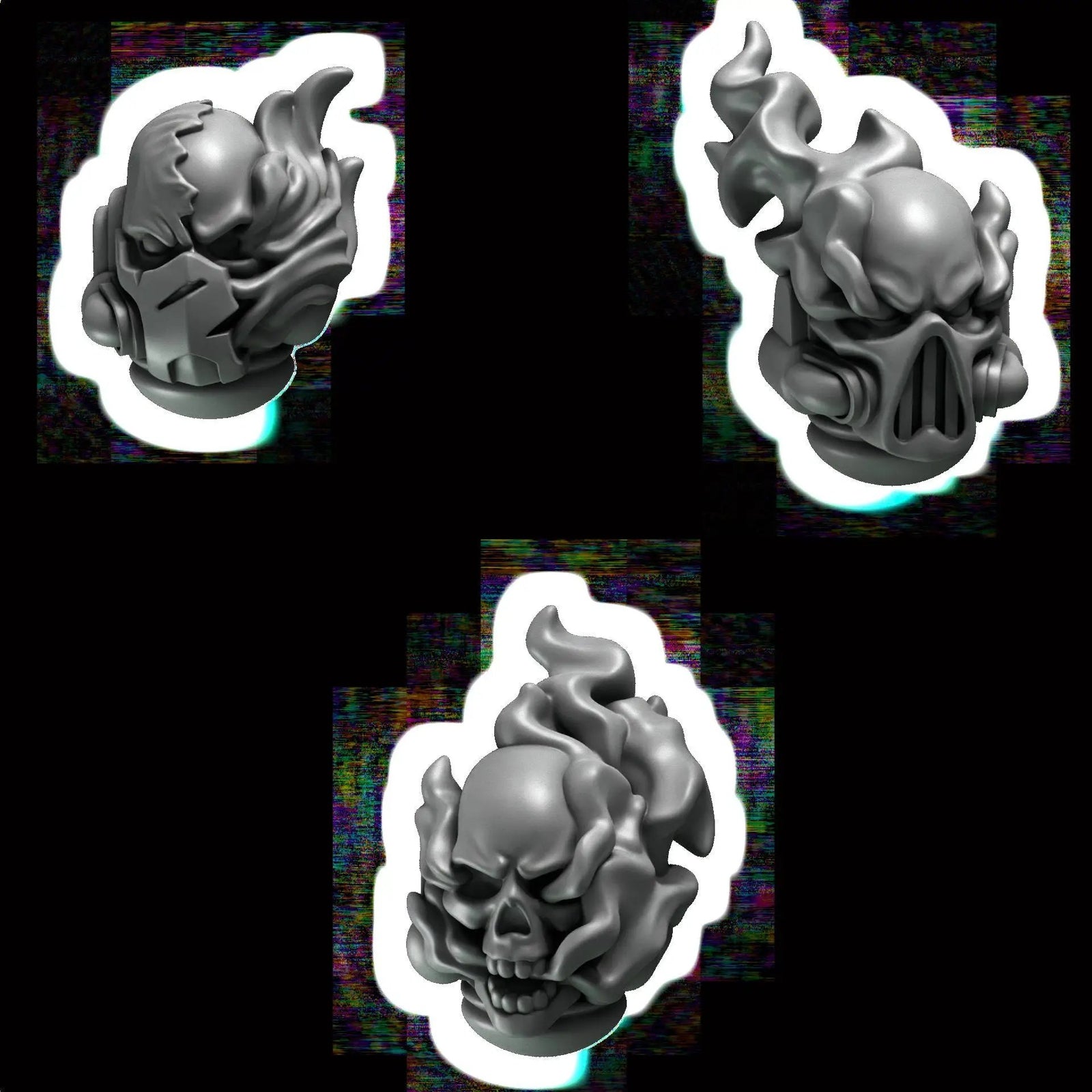 Set of 12 3D printed Cursed Company helmets by Greytide Studio, detailed miniature fantasy helmets for tabletop gaming.