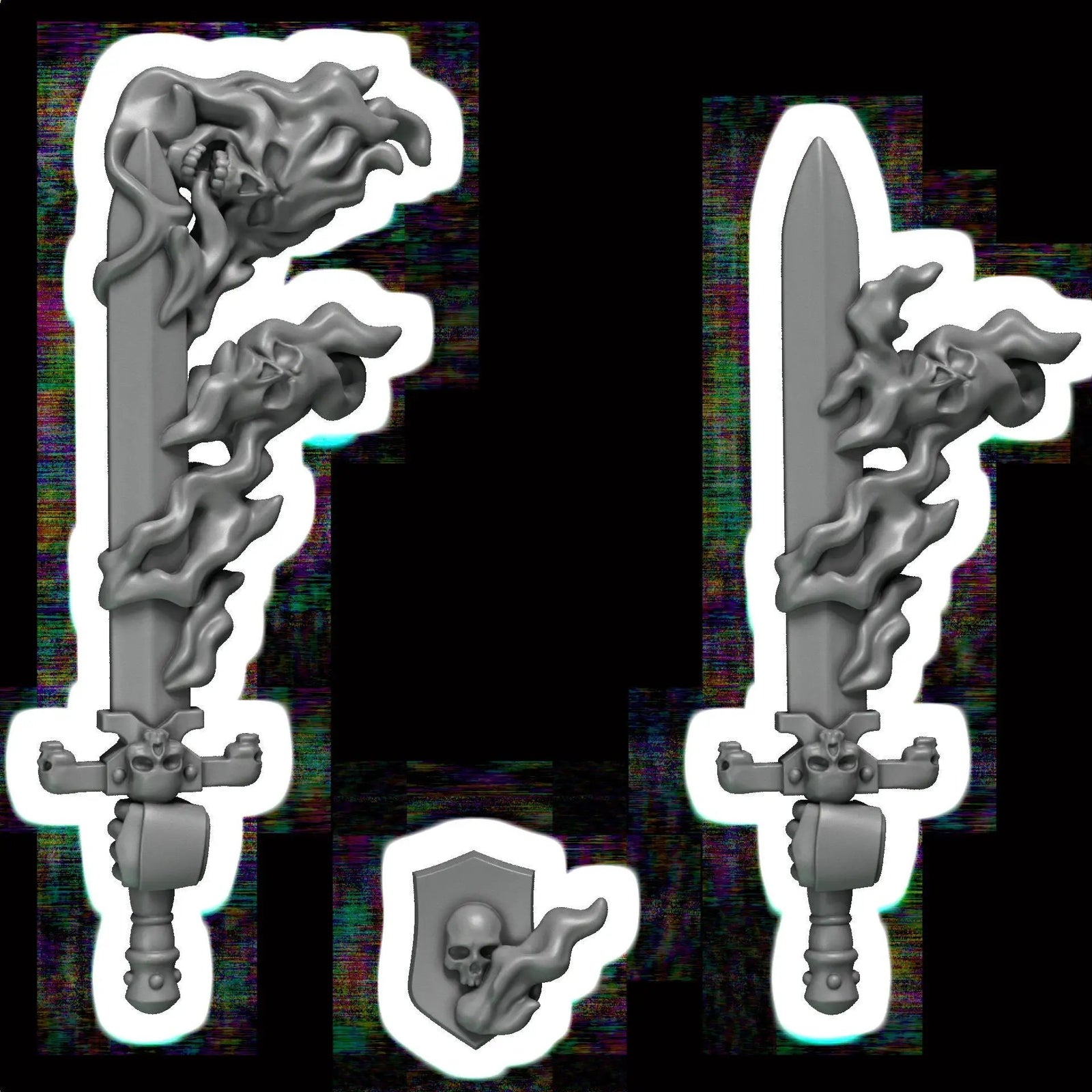 Set of 10 3D printed Cursed Company swords by Last Hope Miniatures, featuring detailed miniature weapon designs from Greytide Studio.