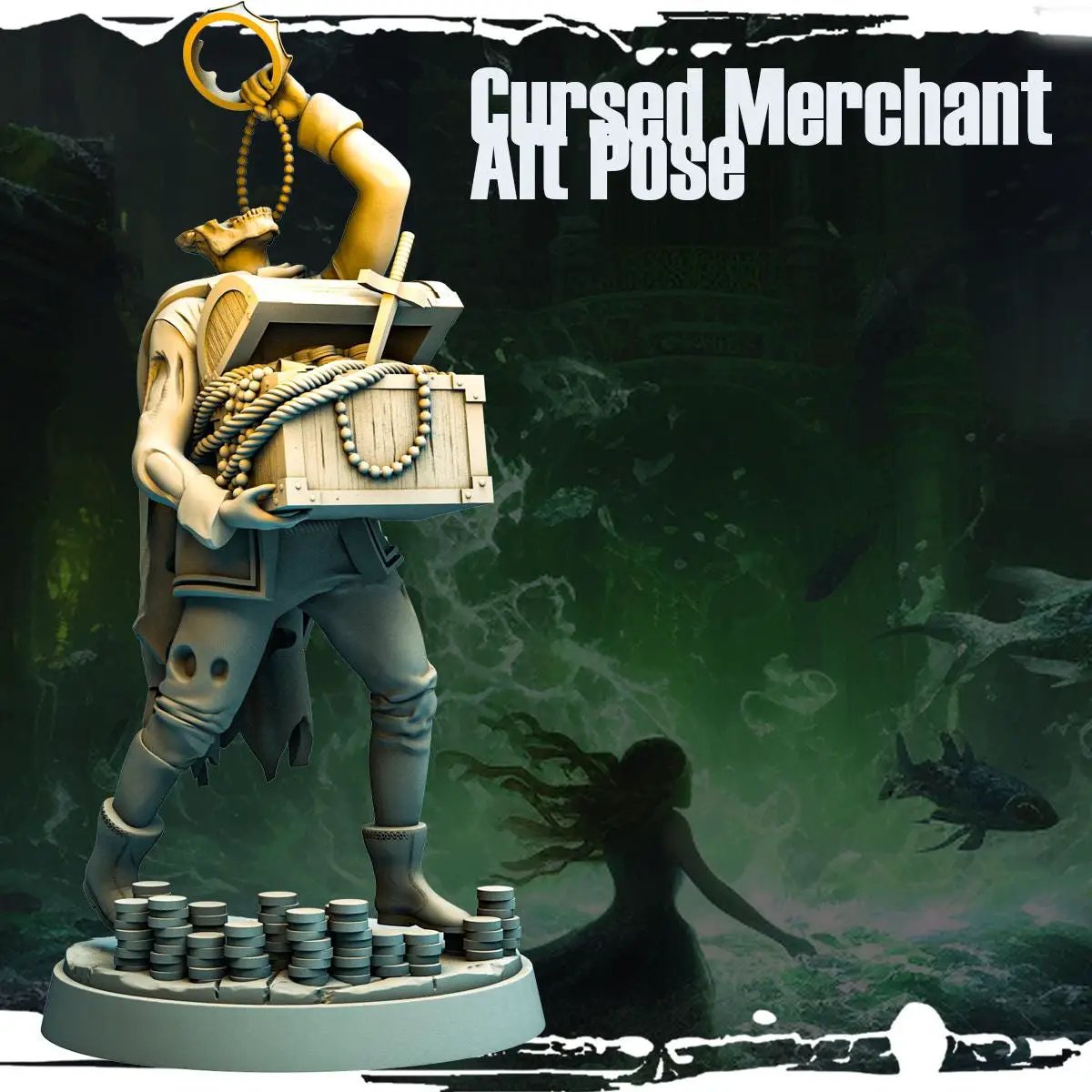 3D printed cursed merchant figurine by Last Hope Miniatures, detailed design from Monolith Arts for tabletop gaming.