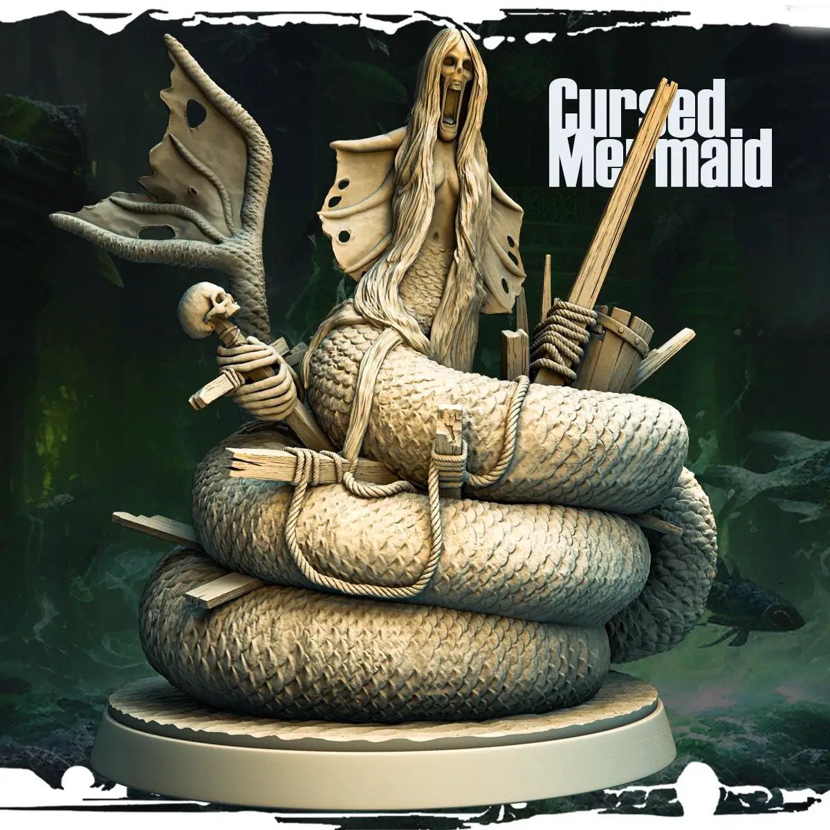 3D printed cursed mermaid miniature by Last Hope Miniatures, detailed fantasy sea creature with intricate sculpting.