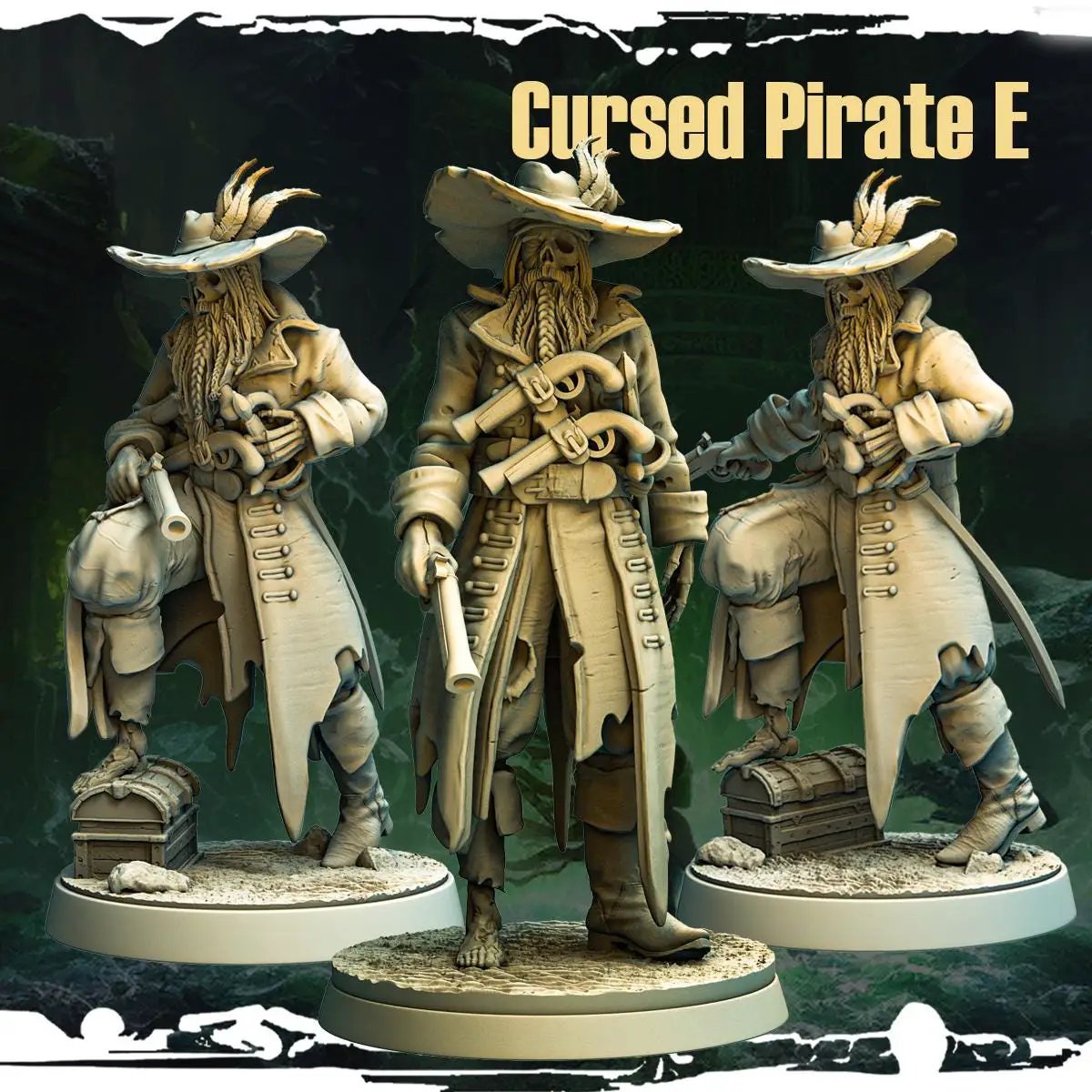 3D printed cursed pirate captain miniature by Last Hope Miniatures, featuring detailed pirate captain with a menacing pose.