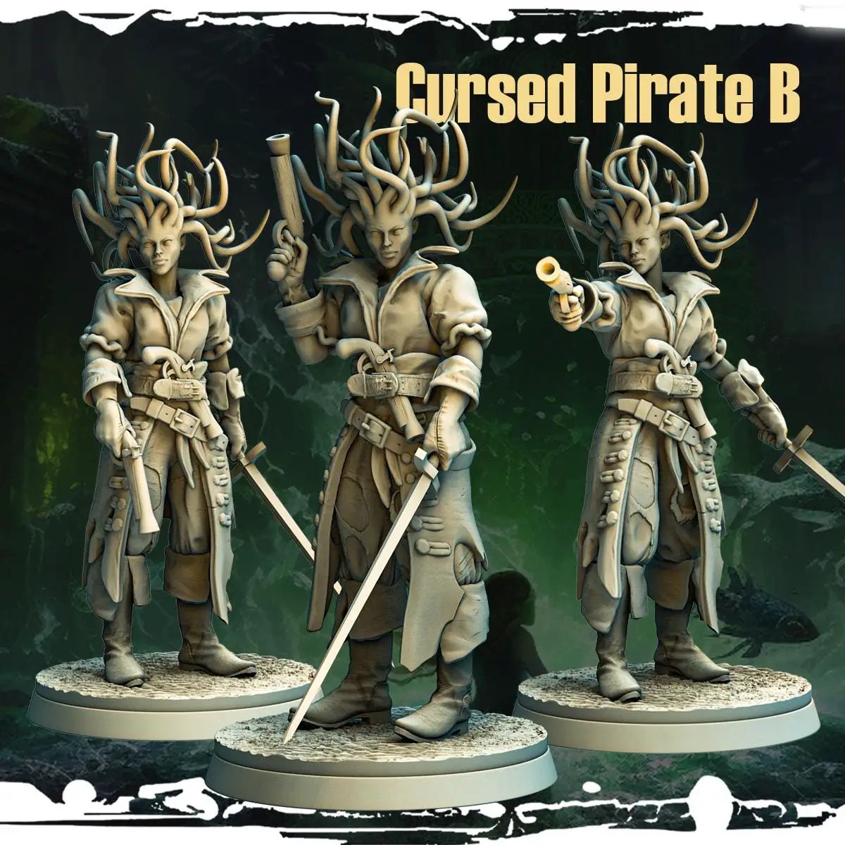 3D printed cursed pirate gorgons miniatures by Last Hope Miniatures, featuring detailed monstrous pirate figures with intricate textures.