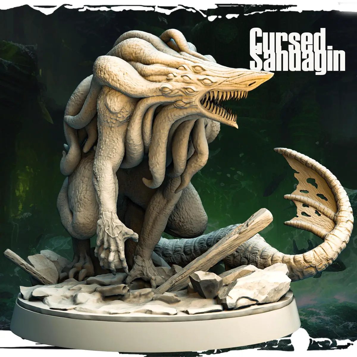 3D printed cursed shark figurine by Last Hope Miniatures, detailed design from Monolith Arts on a white background.
