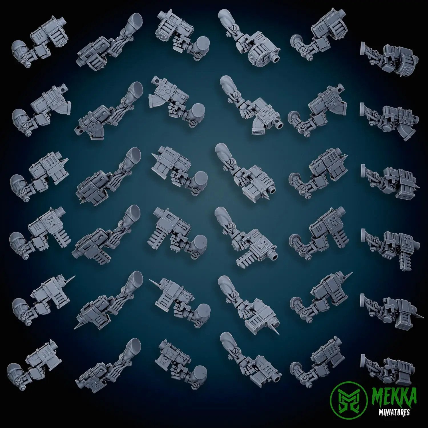 3D printed Cybork Pistol Arms by Last Hope Miniatures for Mekka Miniatures, detailed cybernetic weapon parts on a white background.