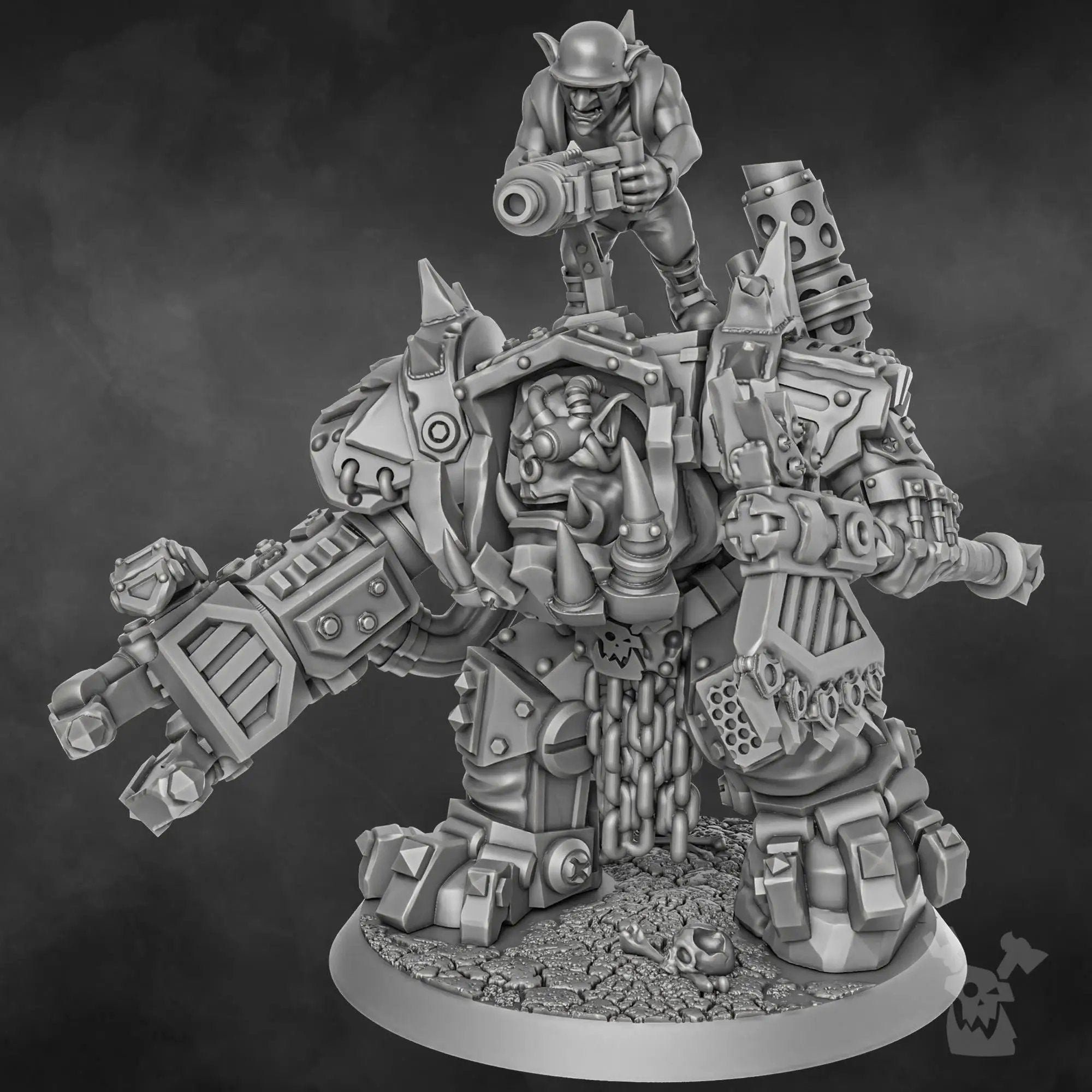 3D printed Da Great Arma Boss miniature by DakkaDakka Miniatures, featuring detailed armor and weaponry from Last Hope Miniatures.
