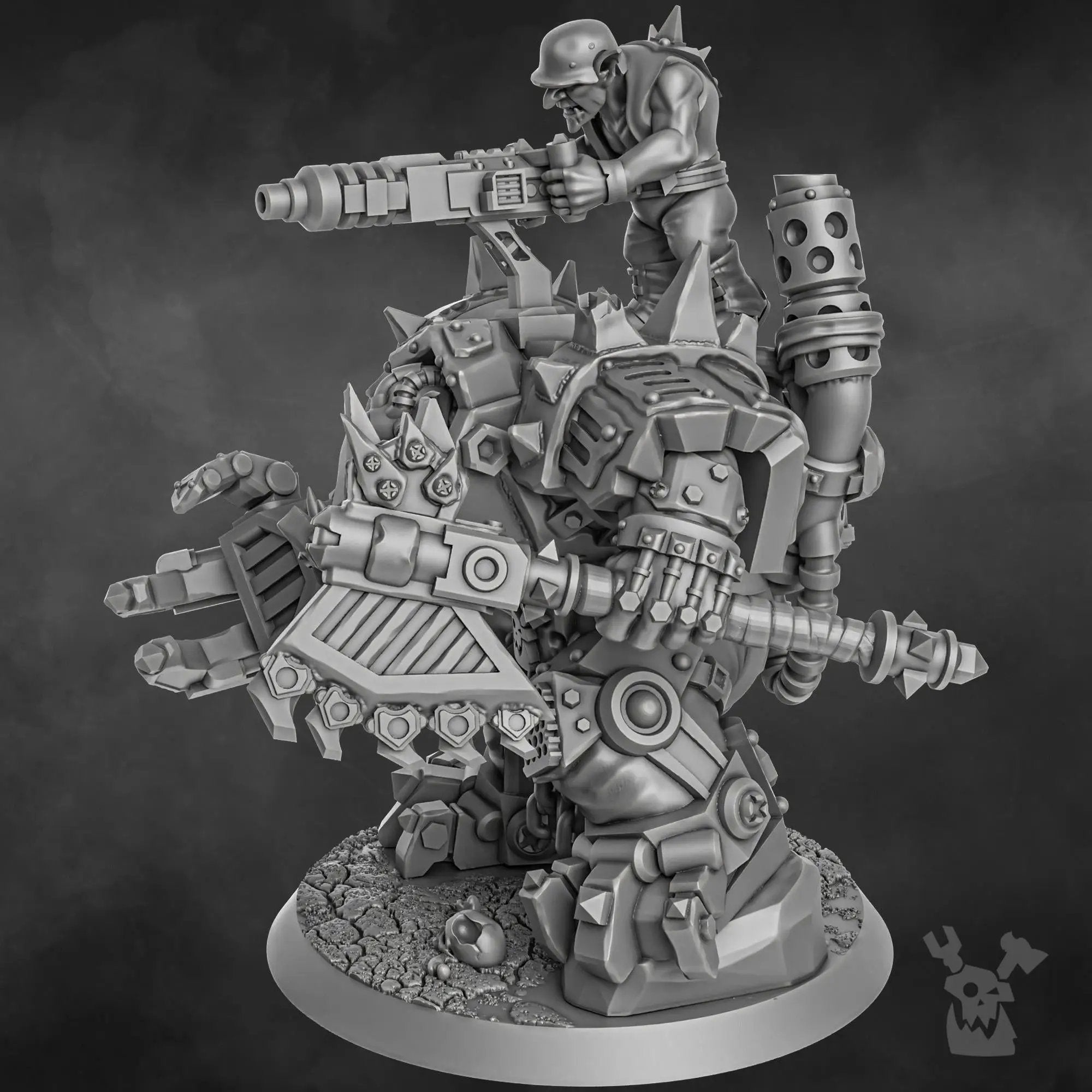 3D printed Da Great Arma Boss miniature by DakkaDakka Miniatures, shown in detailed view with intricate design and vibrant colors.
