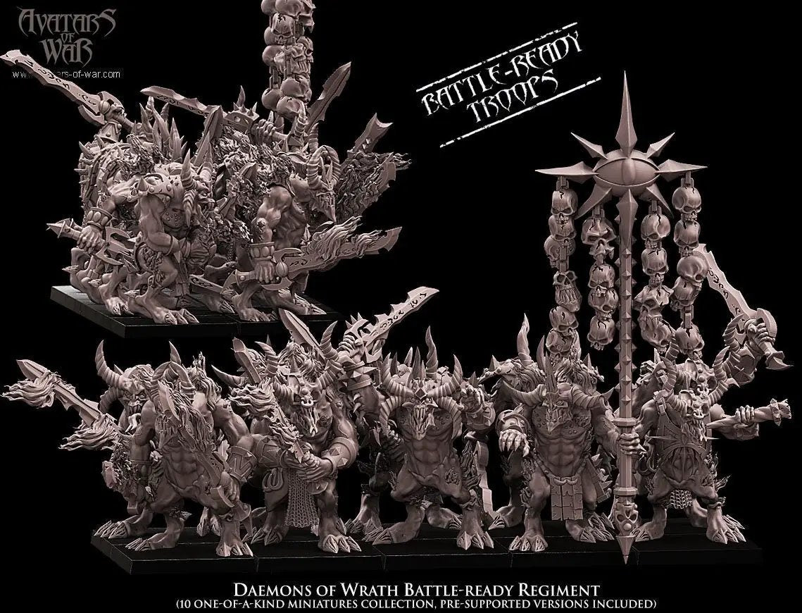 3D printed Daemons of Wrath Regiment by Avatars of War, detailed miniatures with demonic features and vibrant paintwork.