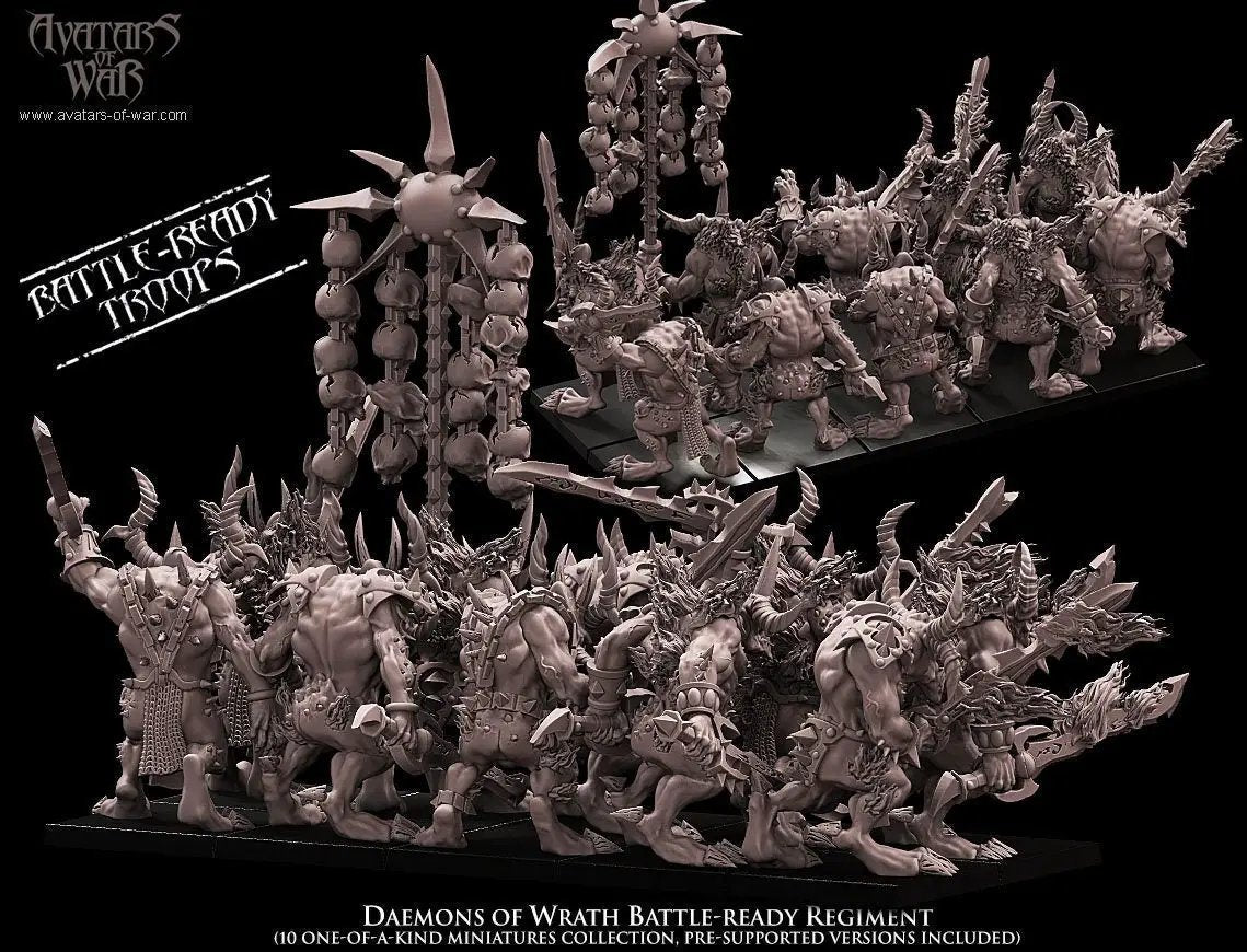 3D printed Daemons of Wrath Regiment by Avatars of War, detailed miniature figures in dark, menacing designs for tabletop gaming.
