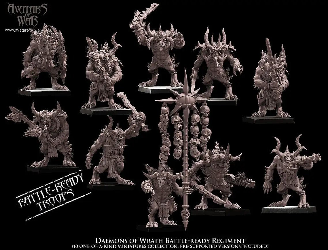 3D printed Daemons of Wrath Regiment by Avatars of War, detailed miniature figures for tabletop gaming, produced by Last Hope Miniatures
