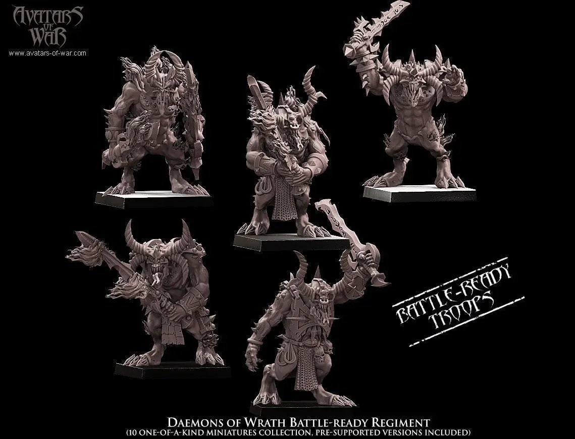 3D printed Daemons of Wrath Regiment by Avatars of War, Last Hope Miniatures, featuring detailed demonic figures on a dark battlefield scene