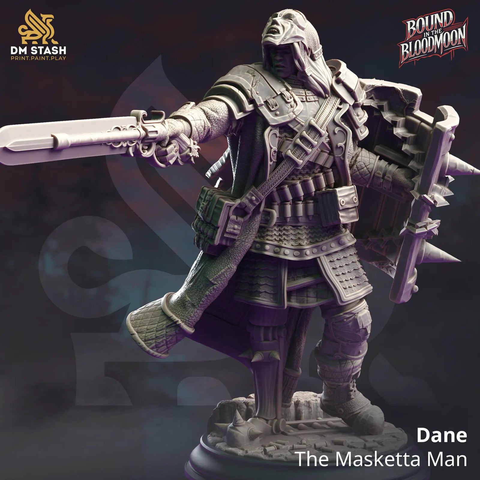 3D printed Dane figure, The Masketta Man by DM Stash, from Last Hope Miniatures, showing detailed sculpt and intricate design.