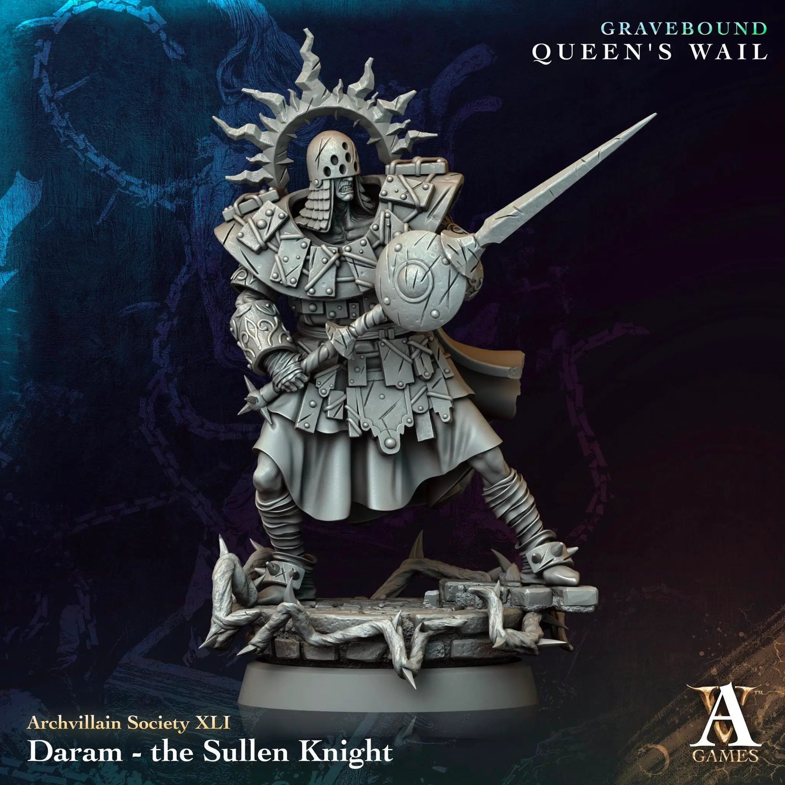 3D printed Daram the Sullen Knight miniature by Last Hope Miniatures, showing detailed armor and weapon design.