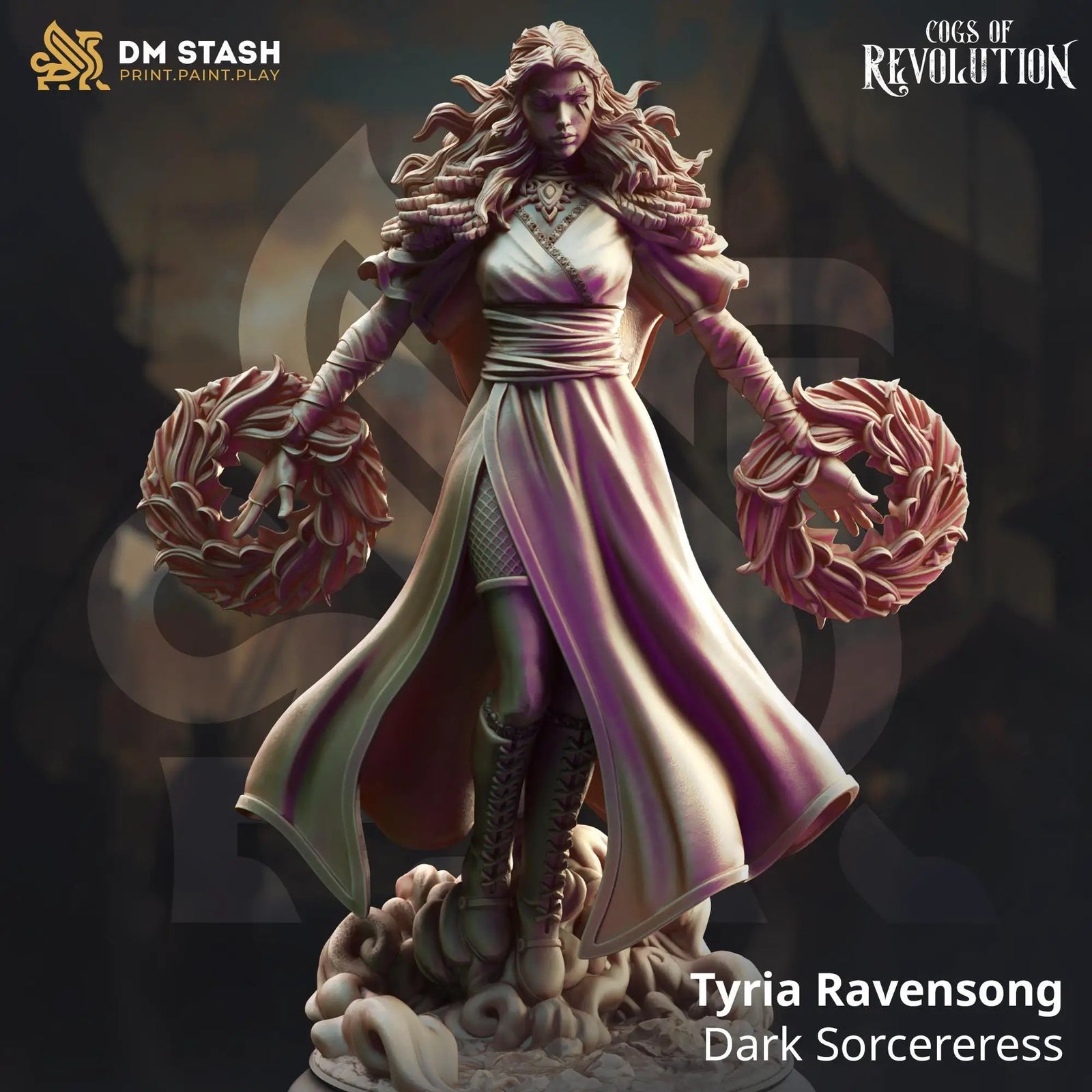 3D printed Dark Sorceress miniatures by Last Hope Miniatures, showcasing detailed dark mage figure with flowing robes and mystical accessories.