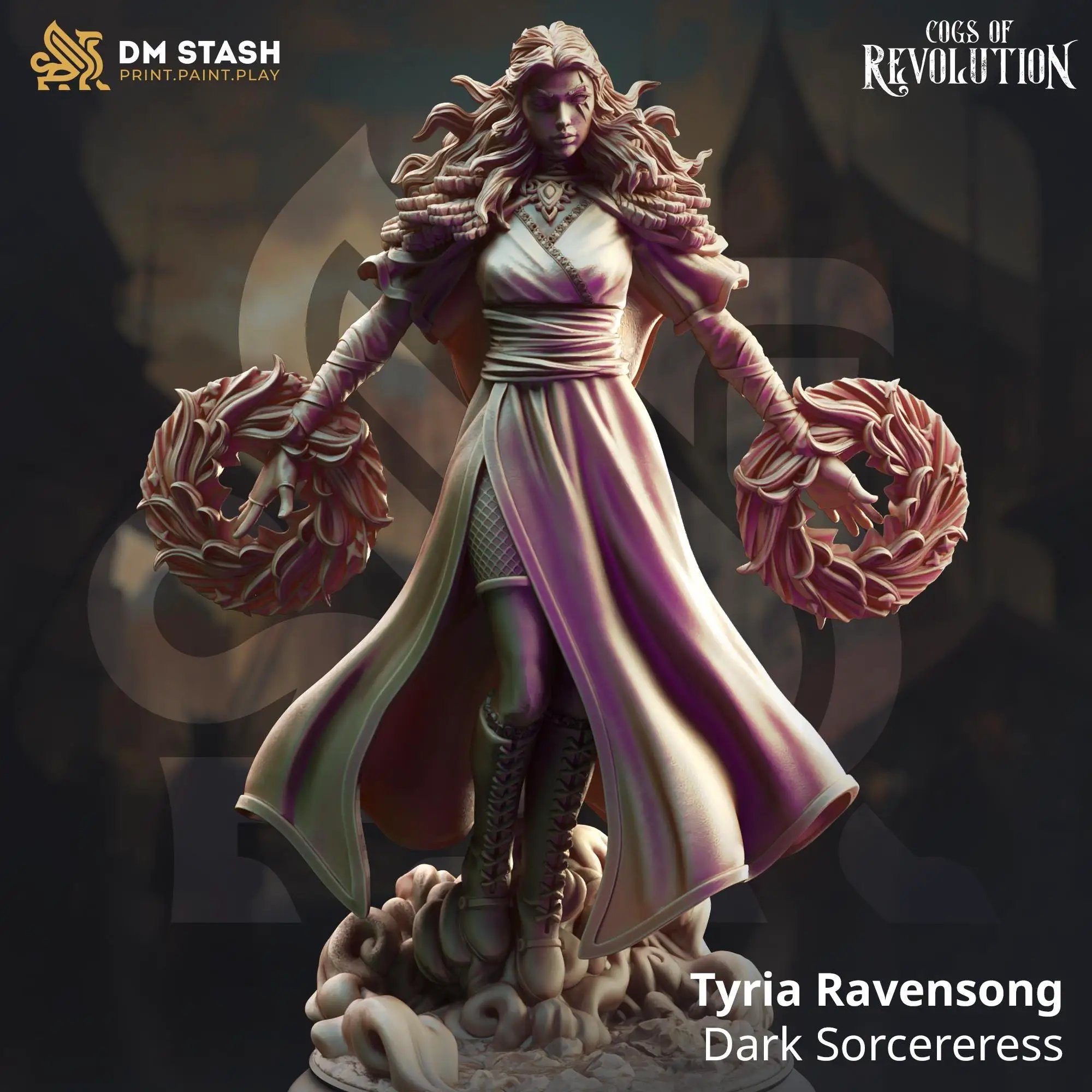 3D printed Dark Sorceress miniatures by Last Hope Miniatures, showcasing detailed dark mage figure with flowing robes and mystical accessories.