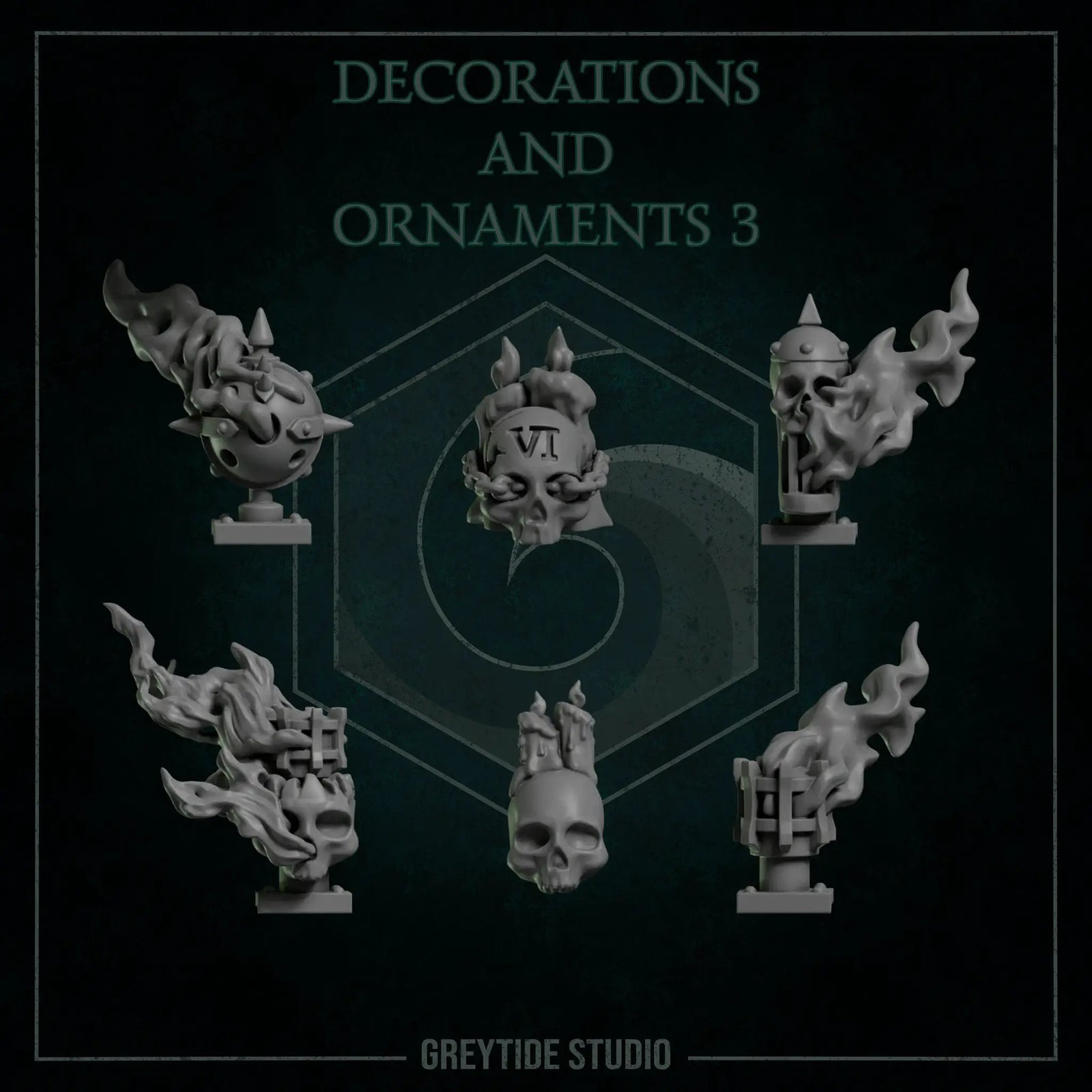 3D printed decorations and ornaments by Last Hope Miniatures, featuring detailed miniature designs from Greytide Studio.